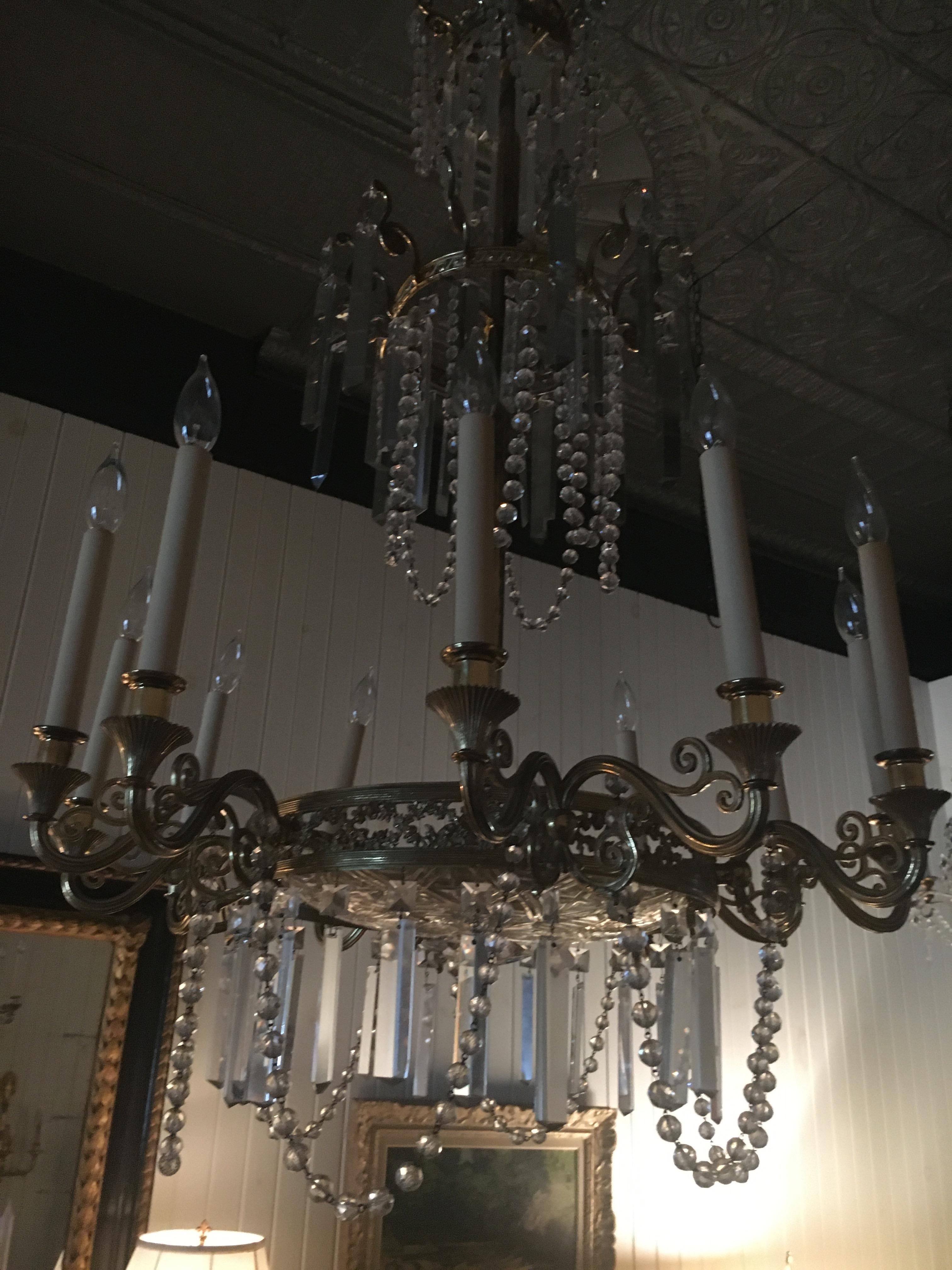 19th Century Neoclassical Style Gilt Bronze Twelve-Light Crystal Chandelier.  Great scale. For Sale