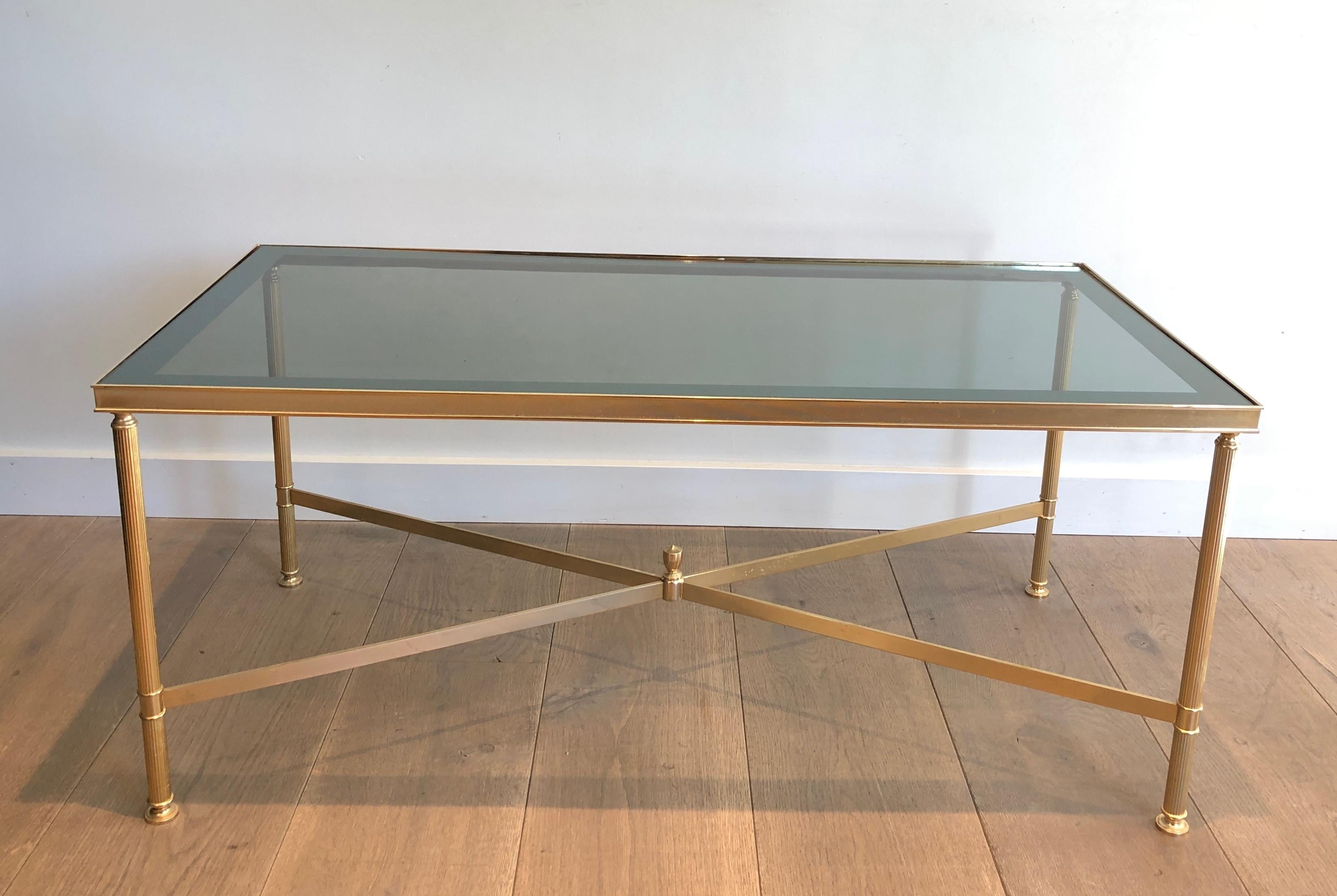 Neoclassical Style Gilt Metal Coffee Table with Blueish Glass Shelf For Sale 7