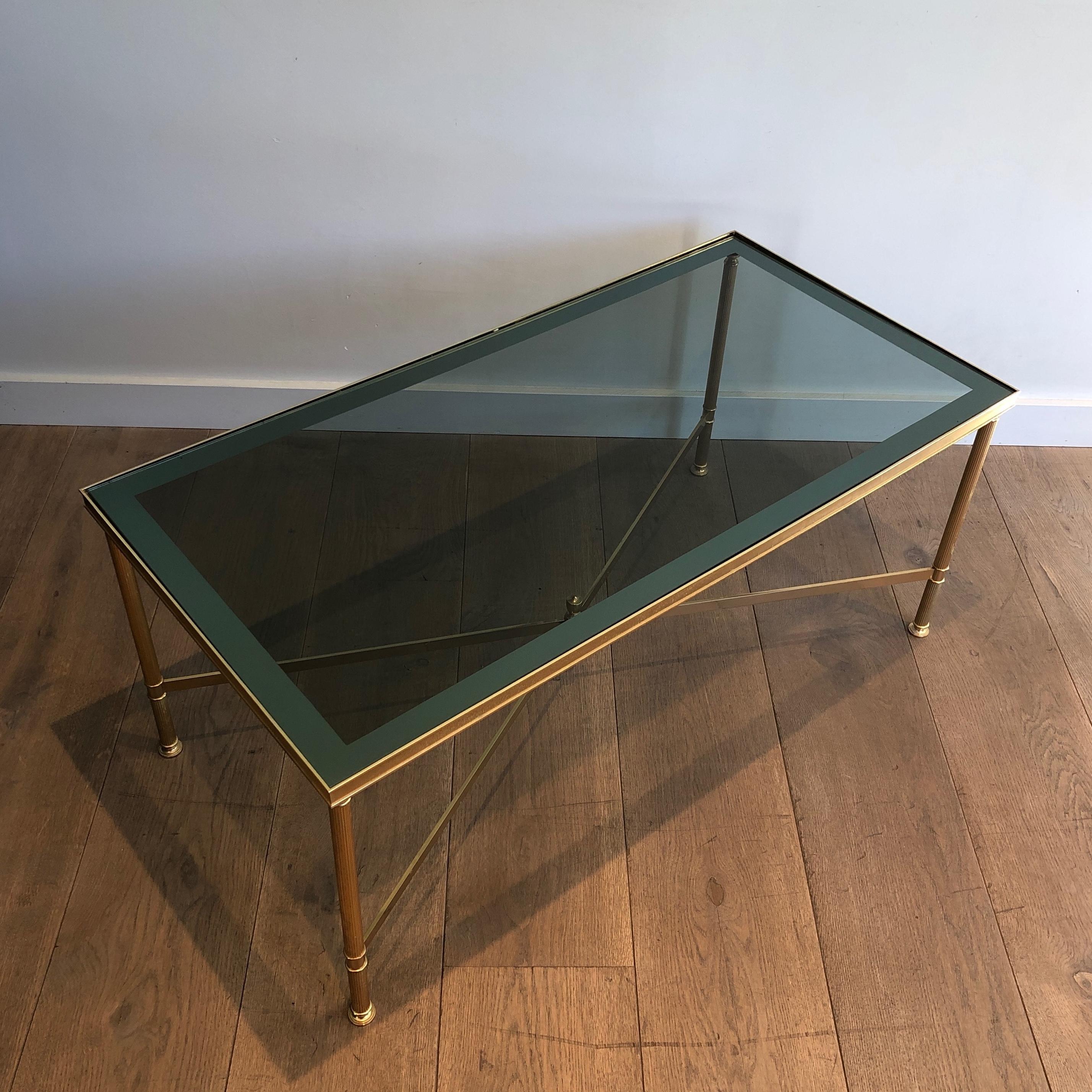 Neoclassical Style Gilt Metal Coffee Table with Blueish Glass Shelf For Sale 12