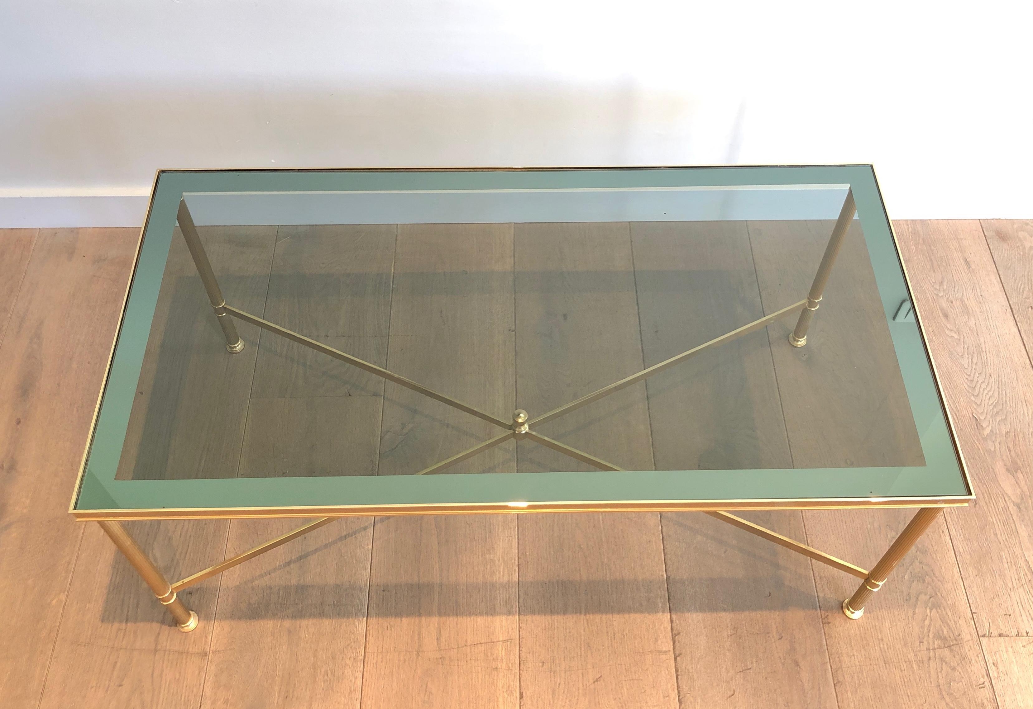 Neoclassical Style Gilt Metal Coffee Table with Blueish Glass Shelf For Sale 13