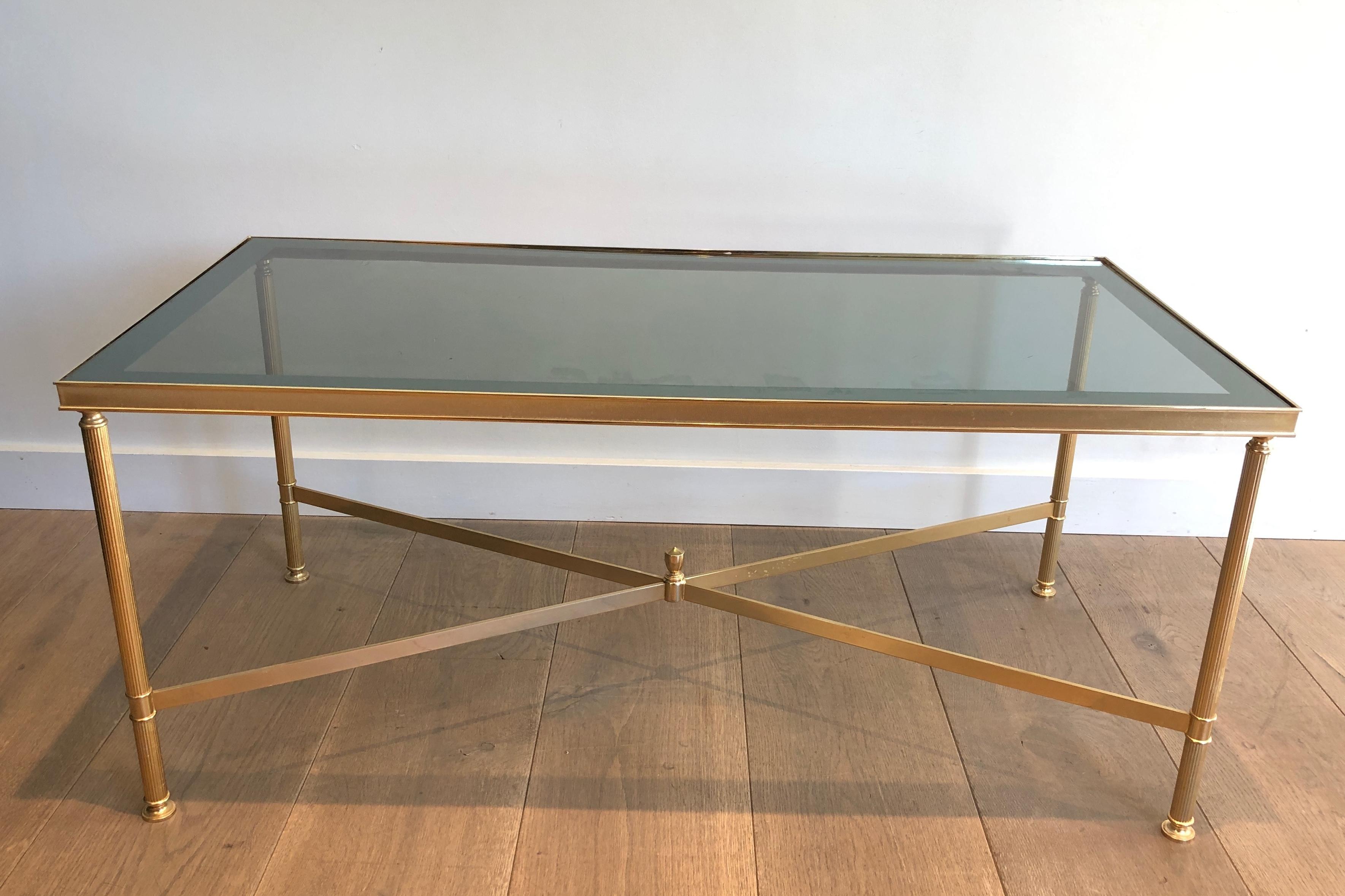 Neoclassical Style Gilt Metal Coffee Table with Blueish Glass Shelf For Sale 14