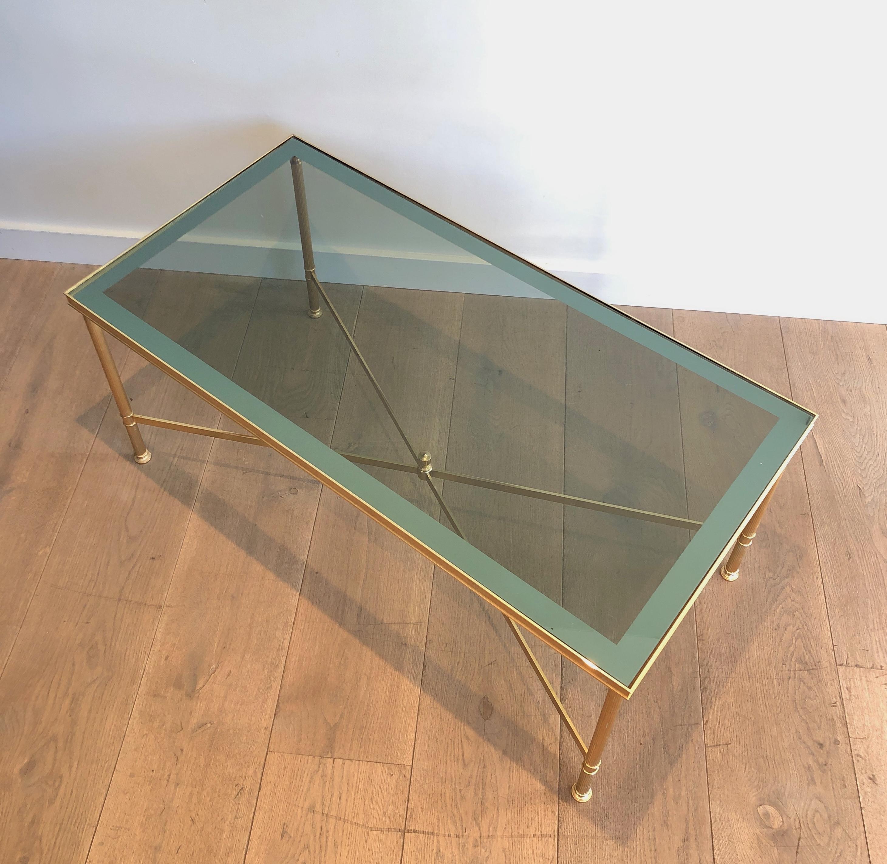 Neoclassical Style Gilt Metal Coffee Table with Blueish Glass Shelf In Good Condition For Sale In Marcq-en-Barœul, Hauts-de-France