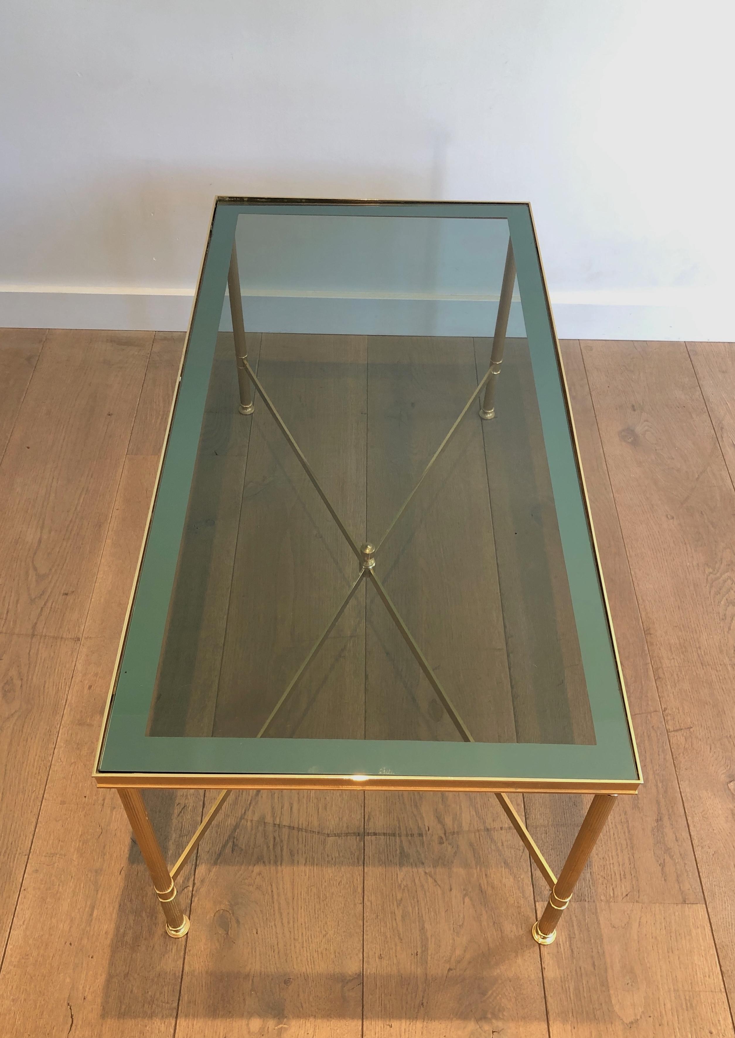 Neoclassical Style Gilt Metal Coffee Table with Blueish Glass Shelf For Sale 1