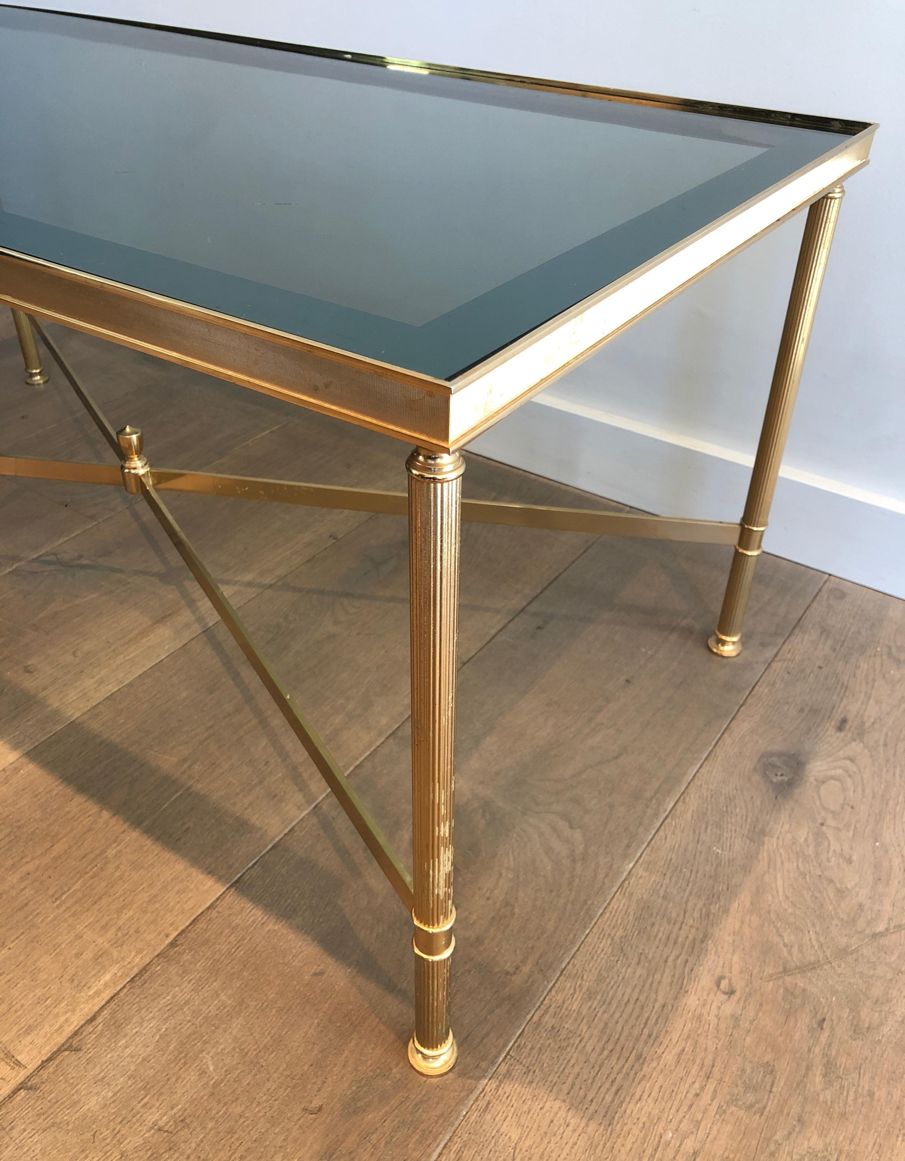 Neoclassical Style Gilt Metal Coffee Table with Blueish Glass Shelf For Sale 2