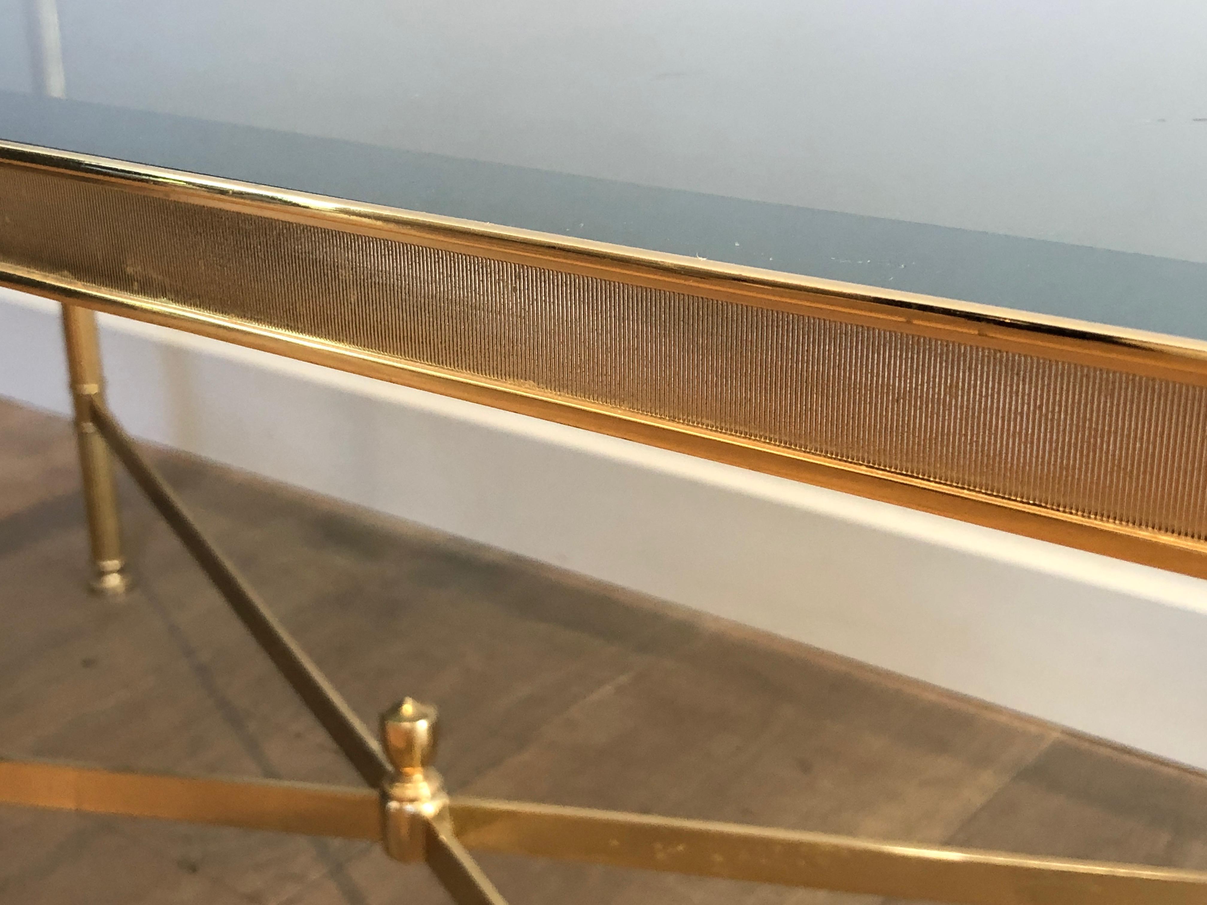 Neoclassical Style Gilt Metal Coffee Table with Blueish Glass Shelf For Sale 3