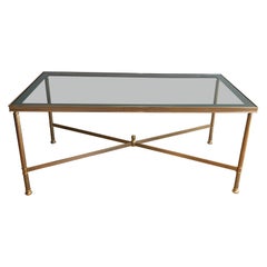 Mesa de centro de metal dorado de estilo neoclásico con estante de cristal azulado