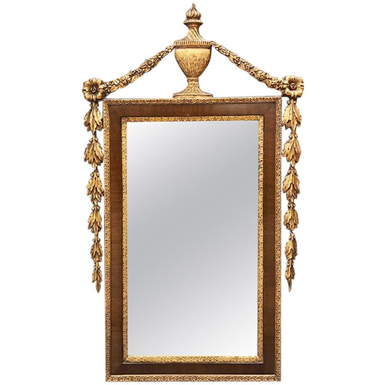 Trumeau- oder Kaminsims-Spiegel im neoklassischen Stil aus vergoldetem Holz und Mahagoni mit Ornamenten im Angebot