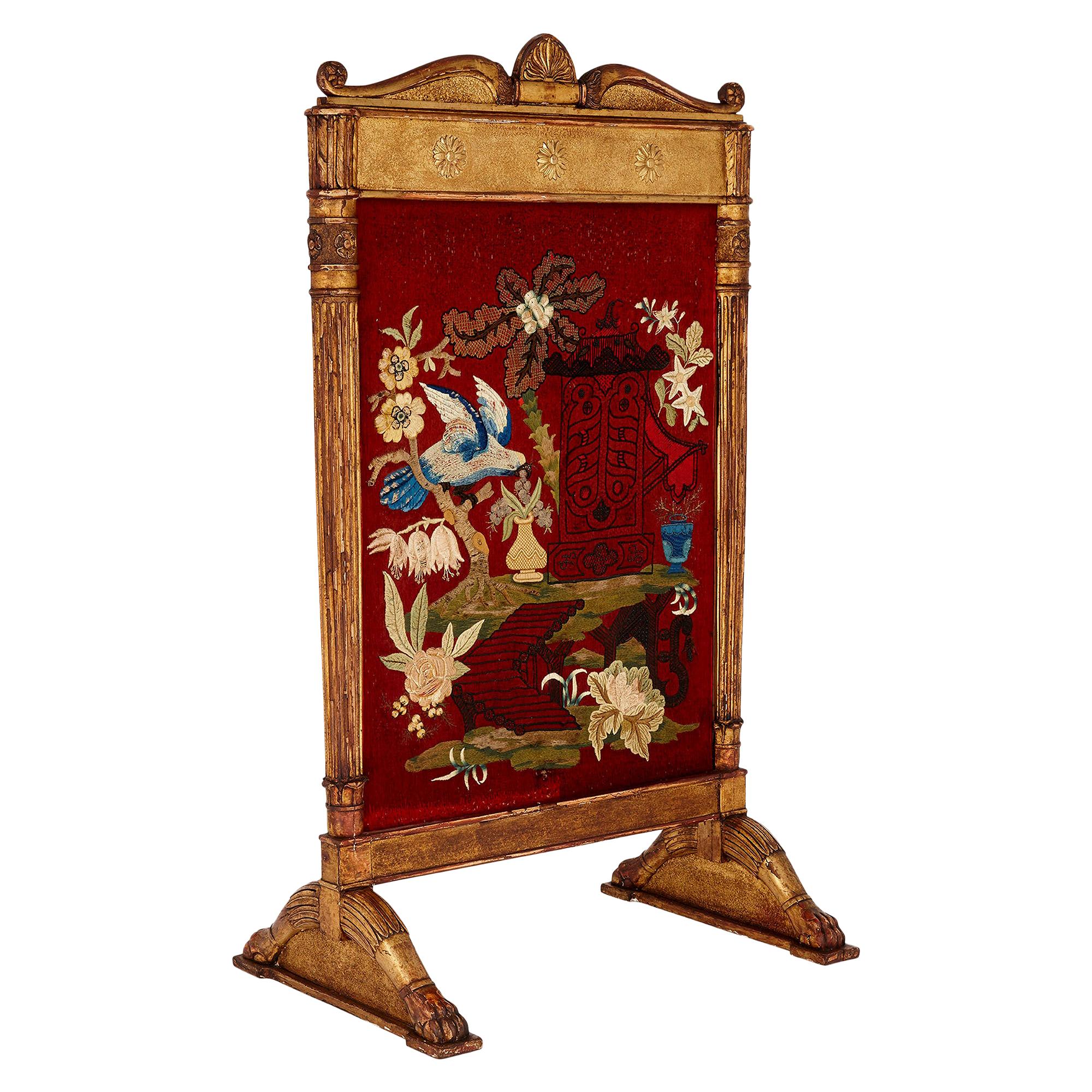 Neoclassical Style Giltwood Firescreen with Embroidery For Sale