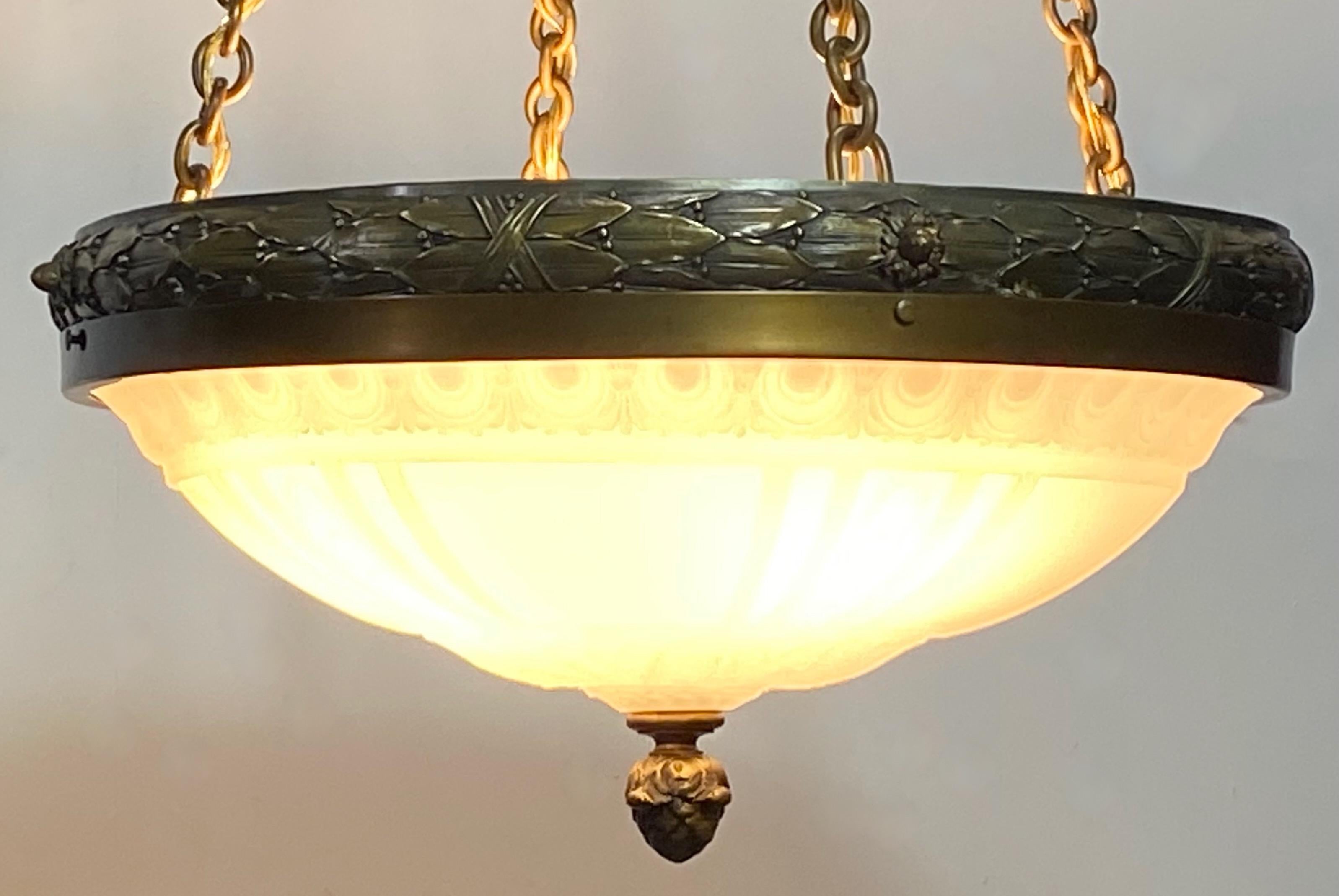 Neoclassical Style Glass and Brass Light Fixture, American circa 1915 In Good Condition In San Francisco, CA