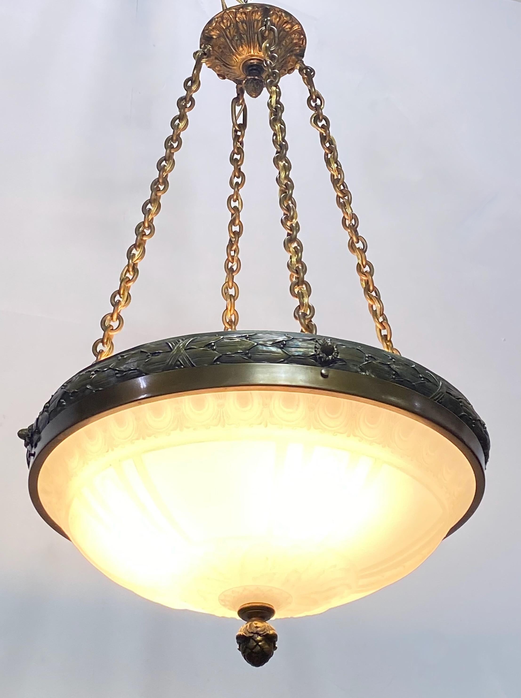 20th Century Neoclassical Style Glass and Brass Light Fixture, American circa 1915