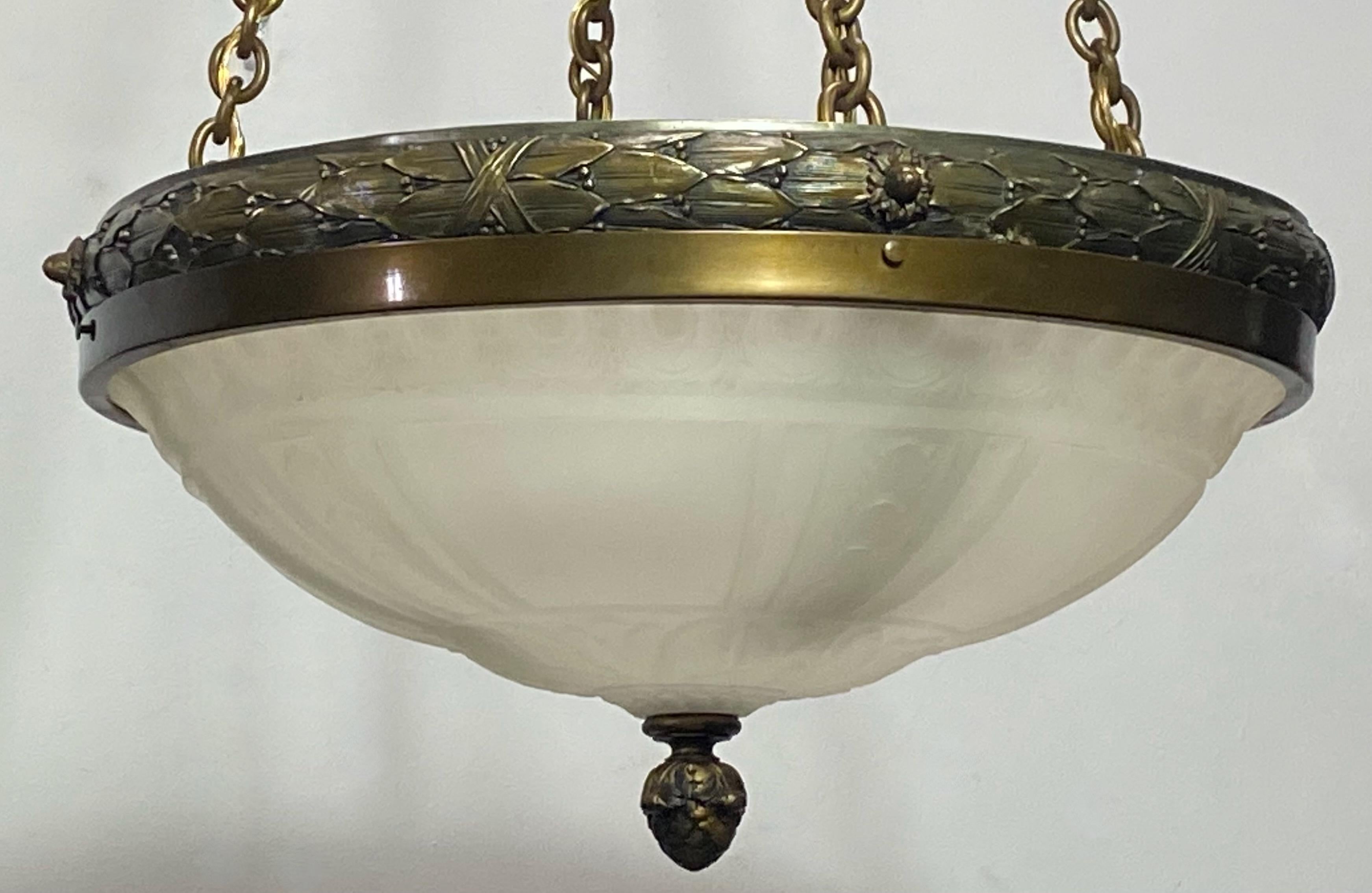 Neoclassical Style Glass and Brass Light Fixture, American circa 1915 1