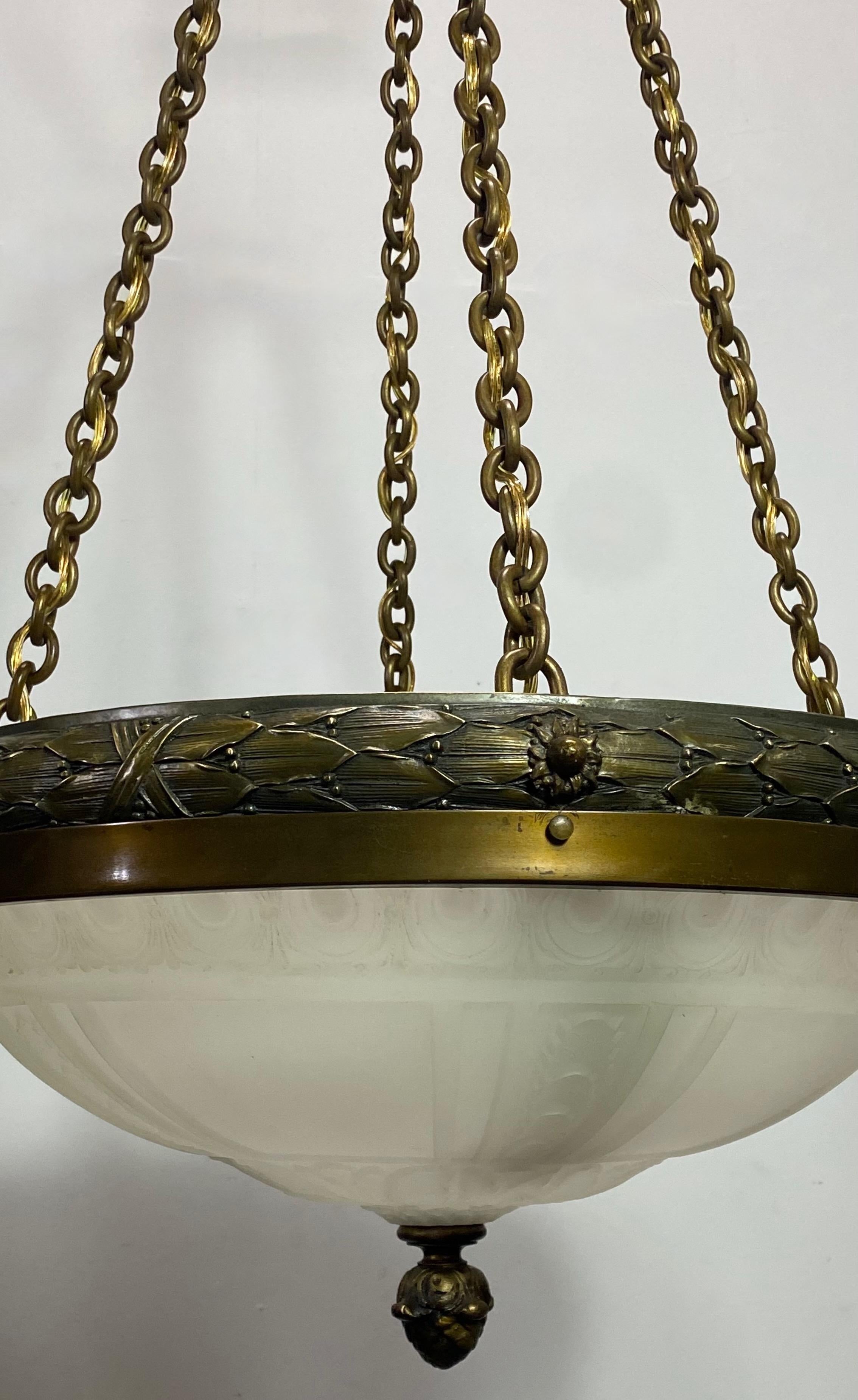 Neoclassical Style Glass and Brass Light Fixture, American circa 1915 4