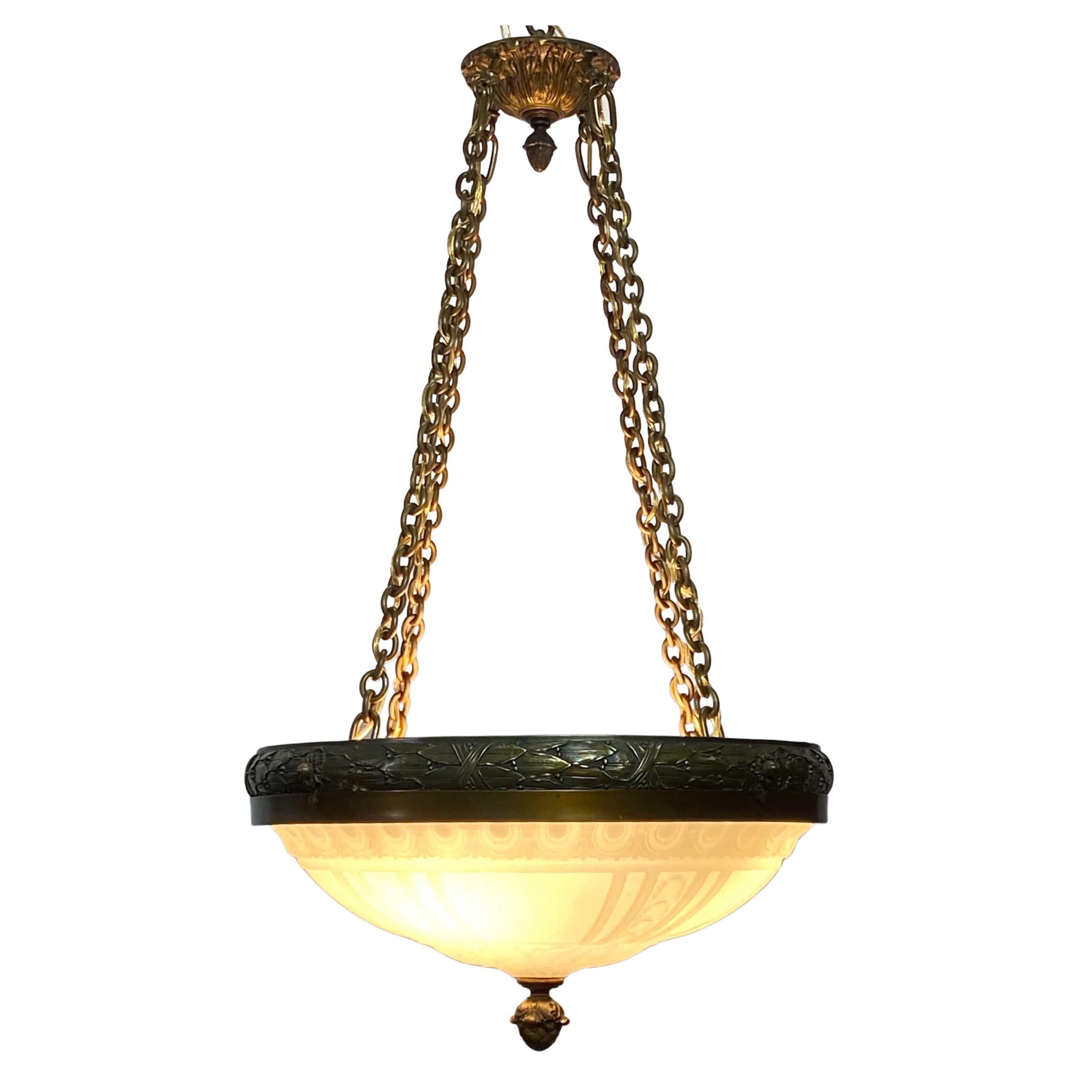 Neoclassical Style Glass and Brass Light Fixture, American circa 1915