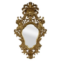 Neoclassical Style Gold Foil Hand Carved Wooden Pair of Mirrors, Spain, 1970
