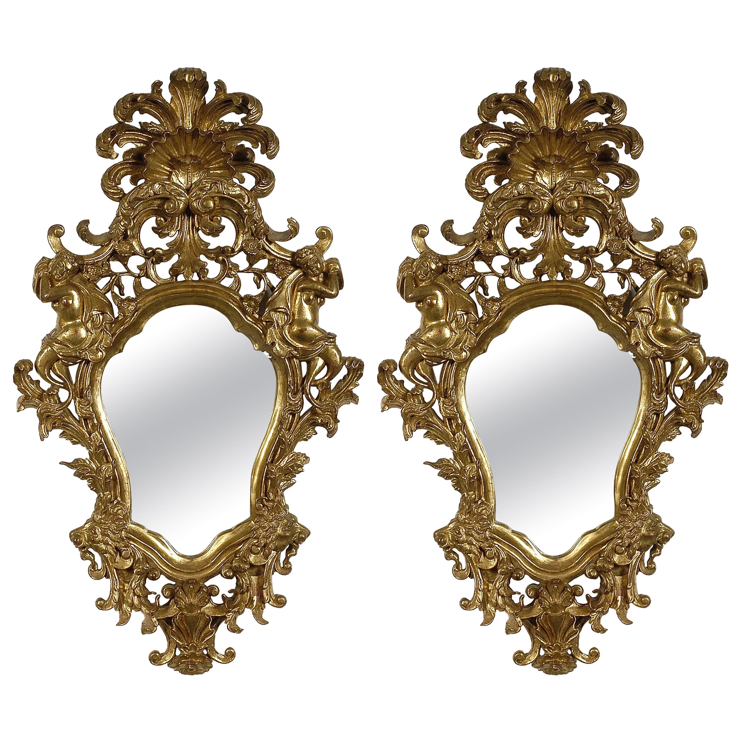 Neoclassical Style Gold Foil Hand Carved Wooden Pair of Mirrors, Spain, 1970