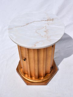 Neoclassical Style Gold Gilt Fluted Marble Column Side Table/Cabinet