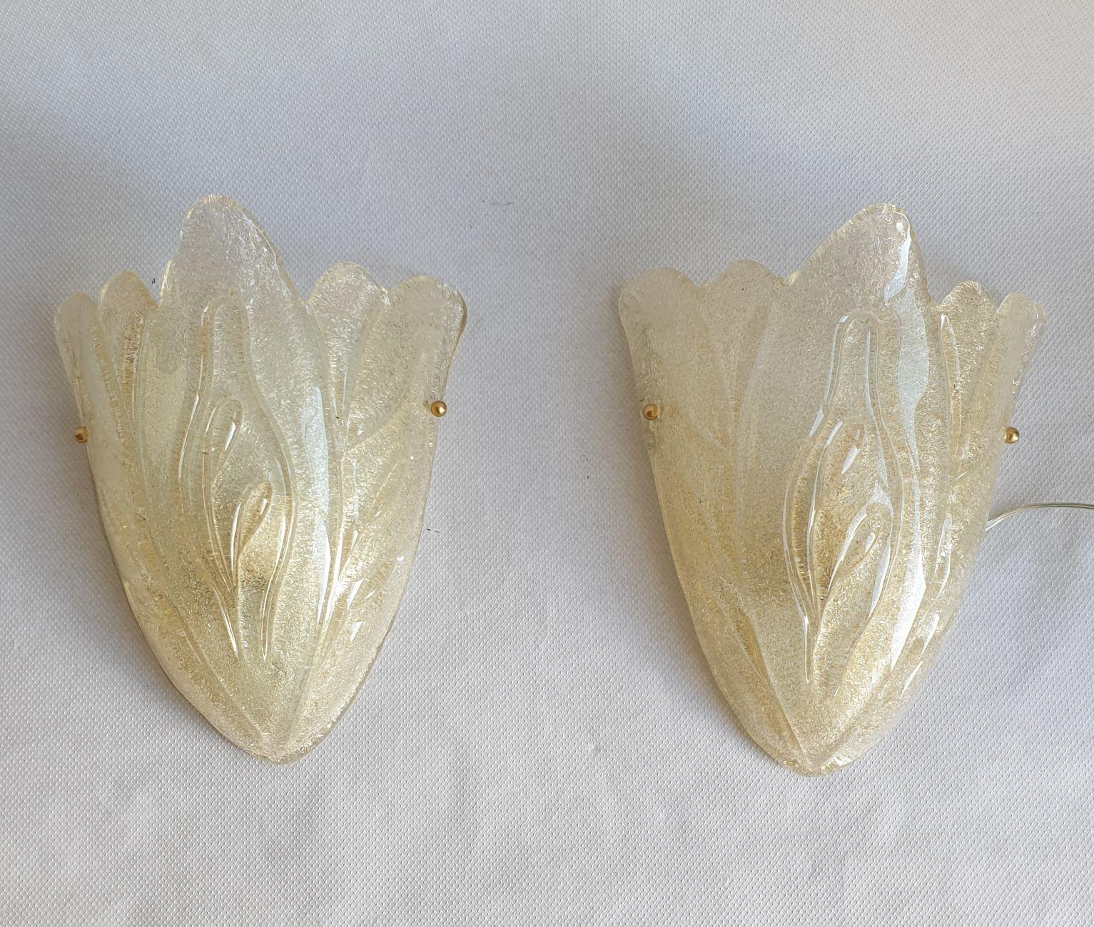 Pair of Neoclassical style Murano glass sconces, Italy 1970s.
One single piece of handmade Murano glass leaf with a graniglia finish inside for those sconces.
The glass is translucent, with some gold/champagne color reflections.
The frame is