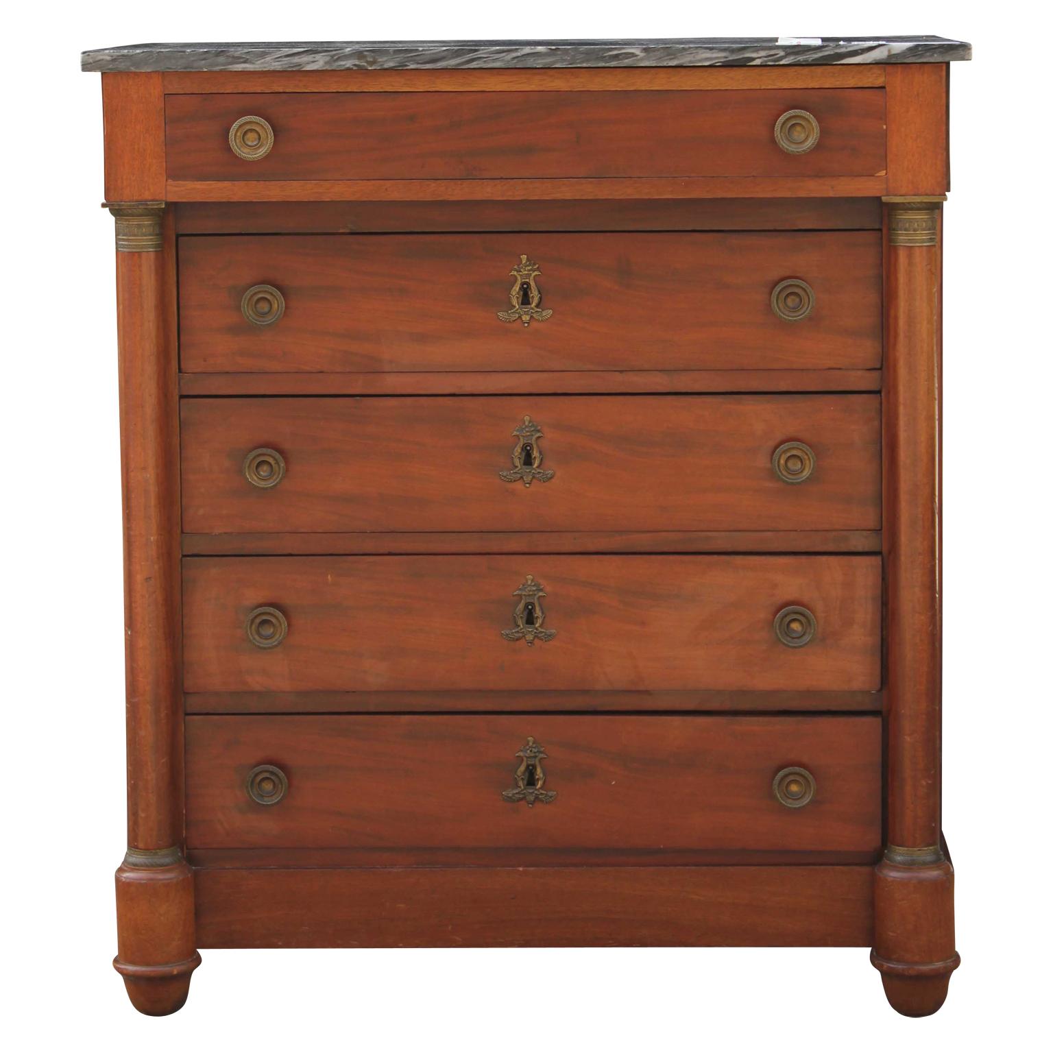 Neoclassical Style Gray/ Black Marble Top Five Drawer Chest of Drawers