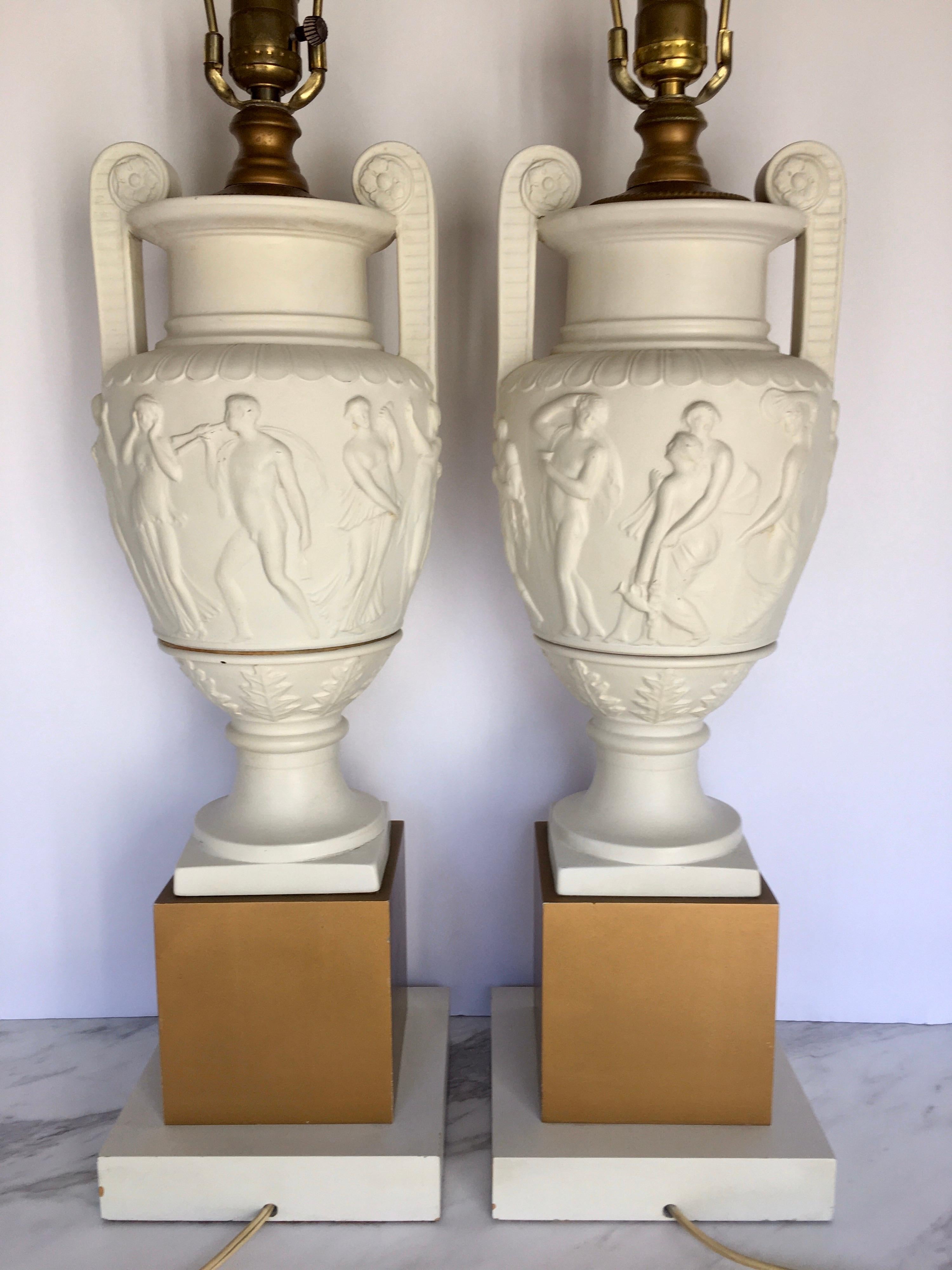 Neoclassical Style Greek Figural Urn Table Lamps, Pair In Good Condition In Lambertville, NJ