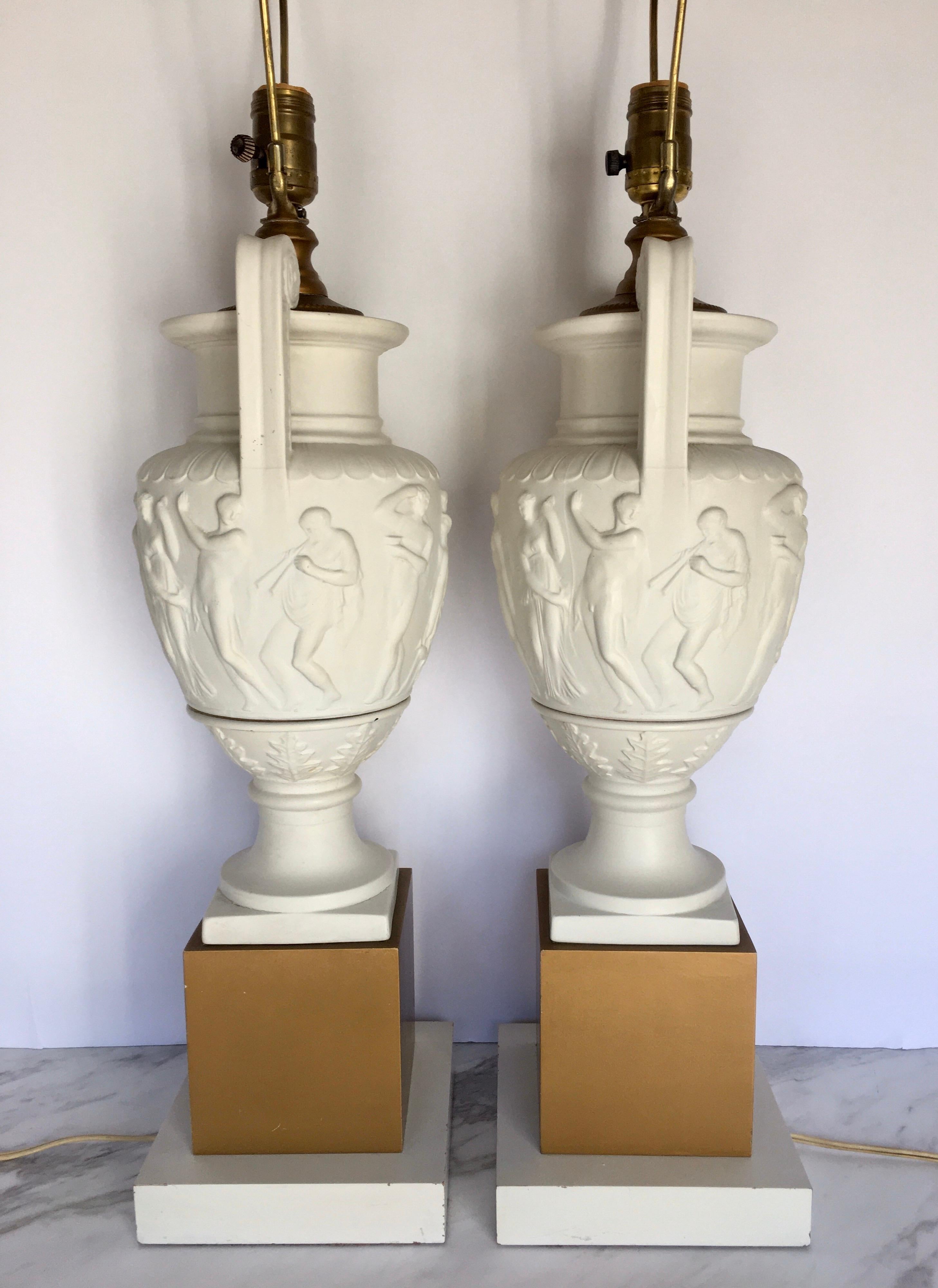 Metal Neoclassical Style Greek Figural Urn Table Lamps, Pair