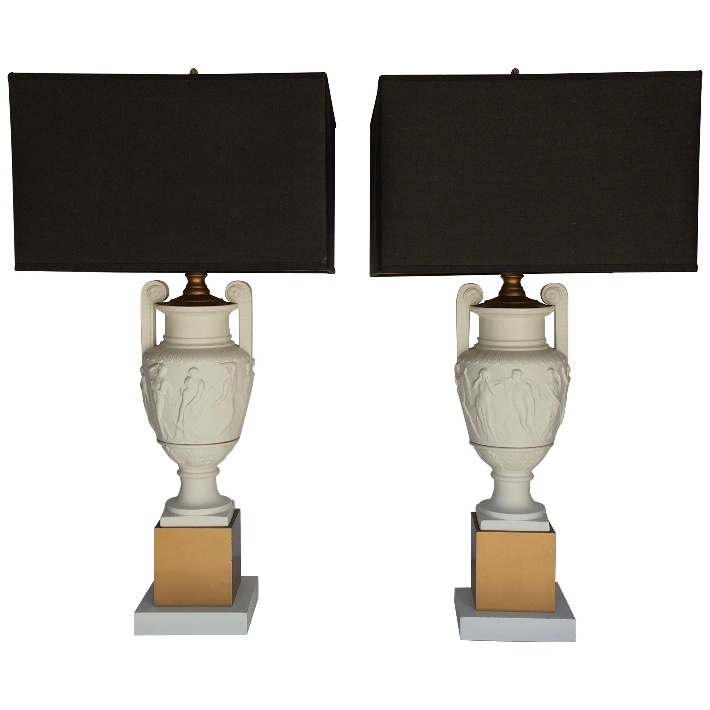 Neoclassical Style Greek Figural Urn Table Lamps, Pair
