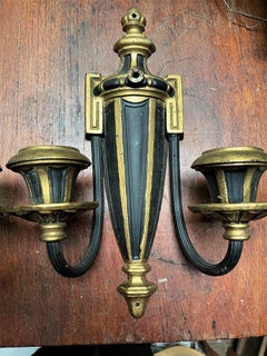 Neoclassical Style Greek Key & Urn Cast Metal Wall Candle Sconces Signed Empire