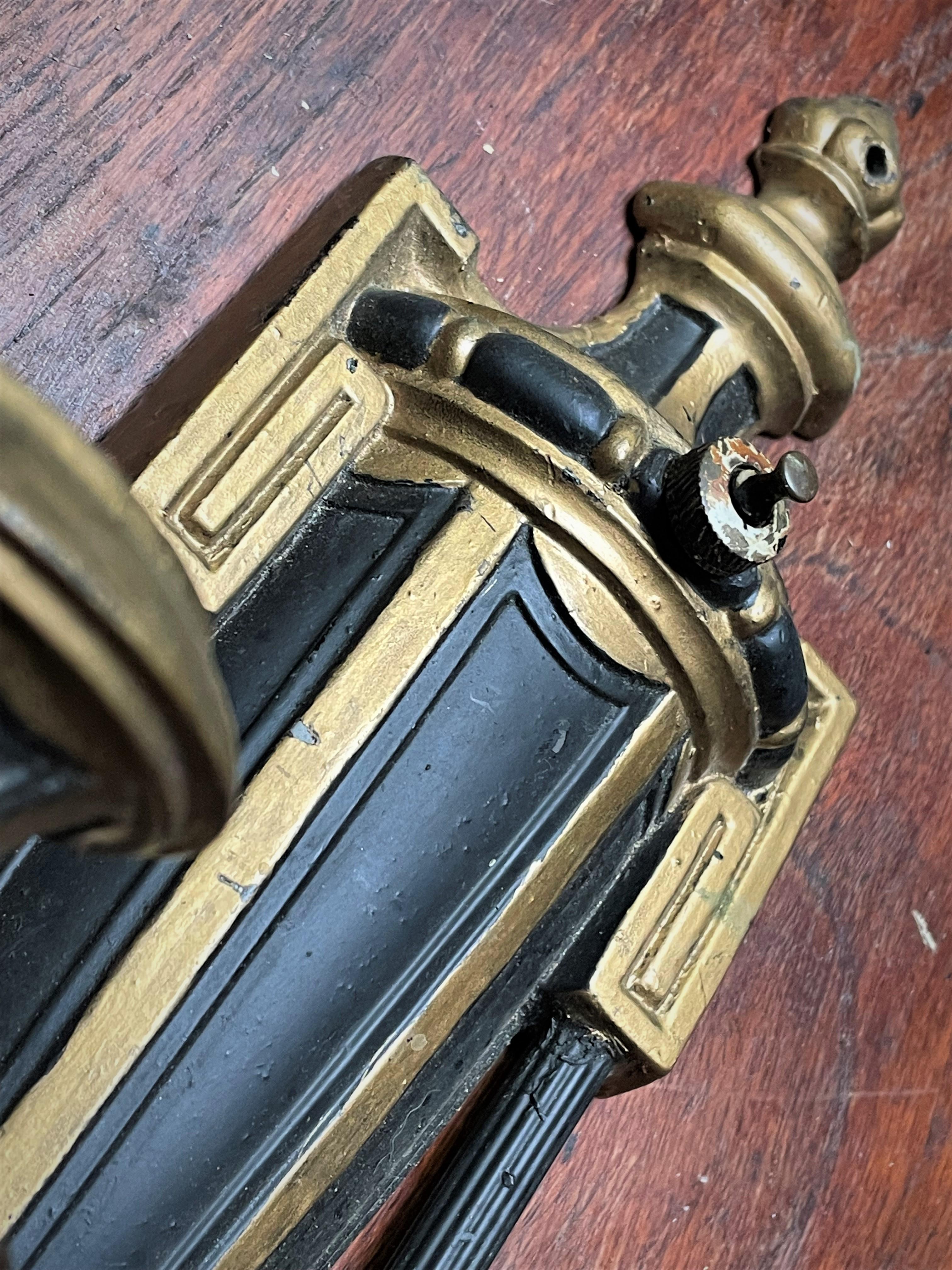 Neoclassical Style Greek Key & Urn Cast Metal Wall Candle Sconces Signed Empire  In Distressed Condition For Sale In Clifton Forge, VA