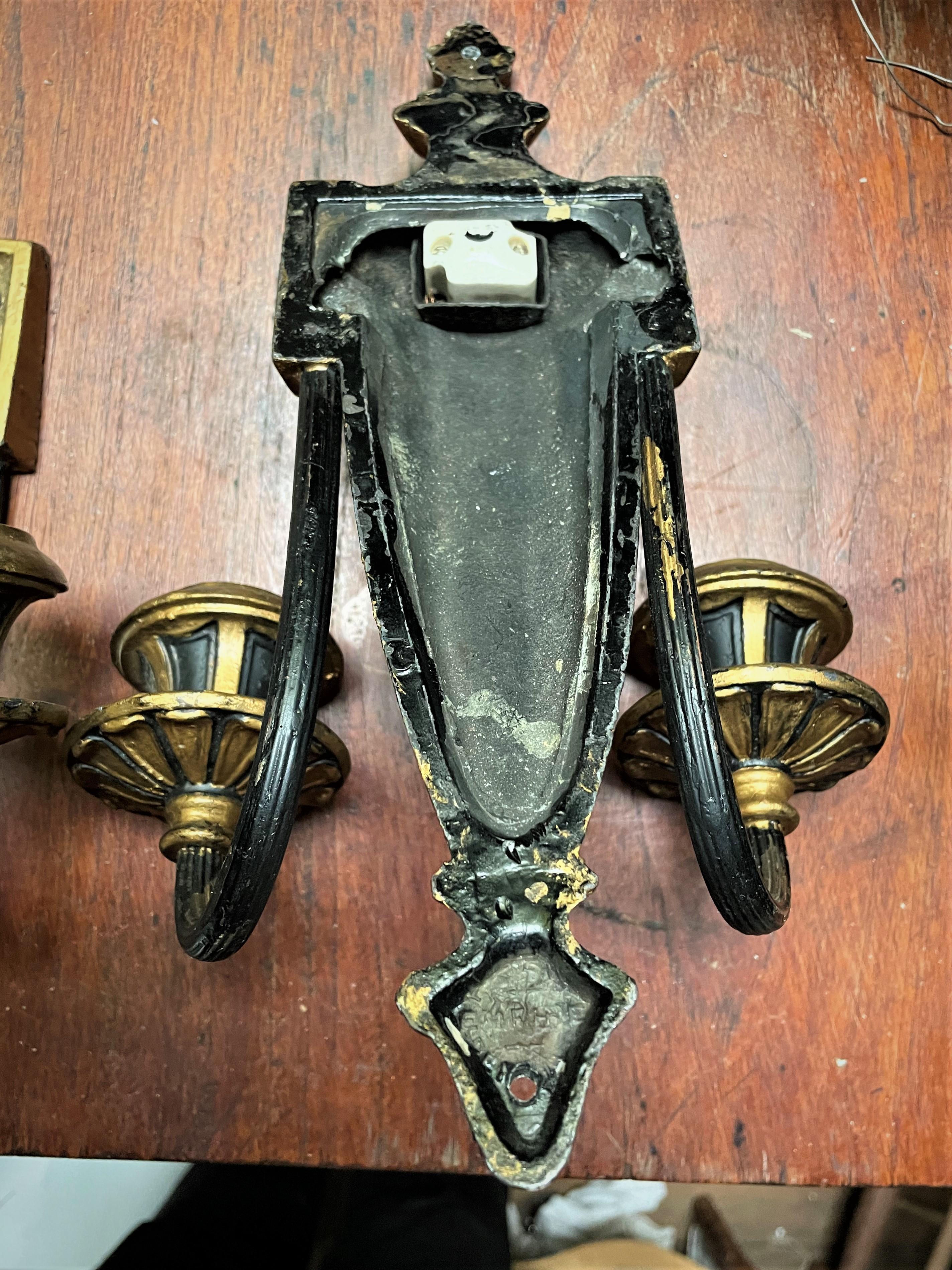 Neoclassical Style Greek Key & Urn Cast Metal Wall Candle Sconces Signed Empire  For Sale 2