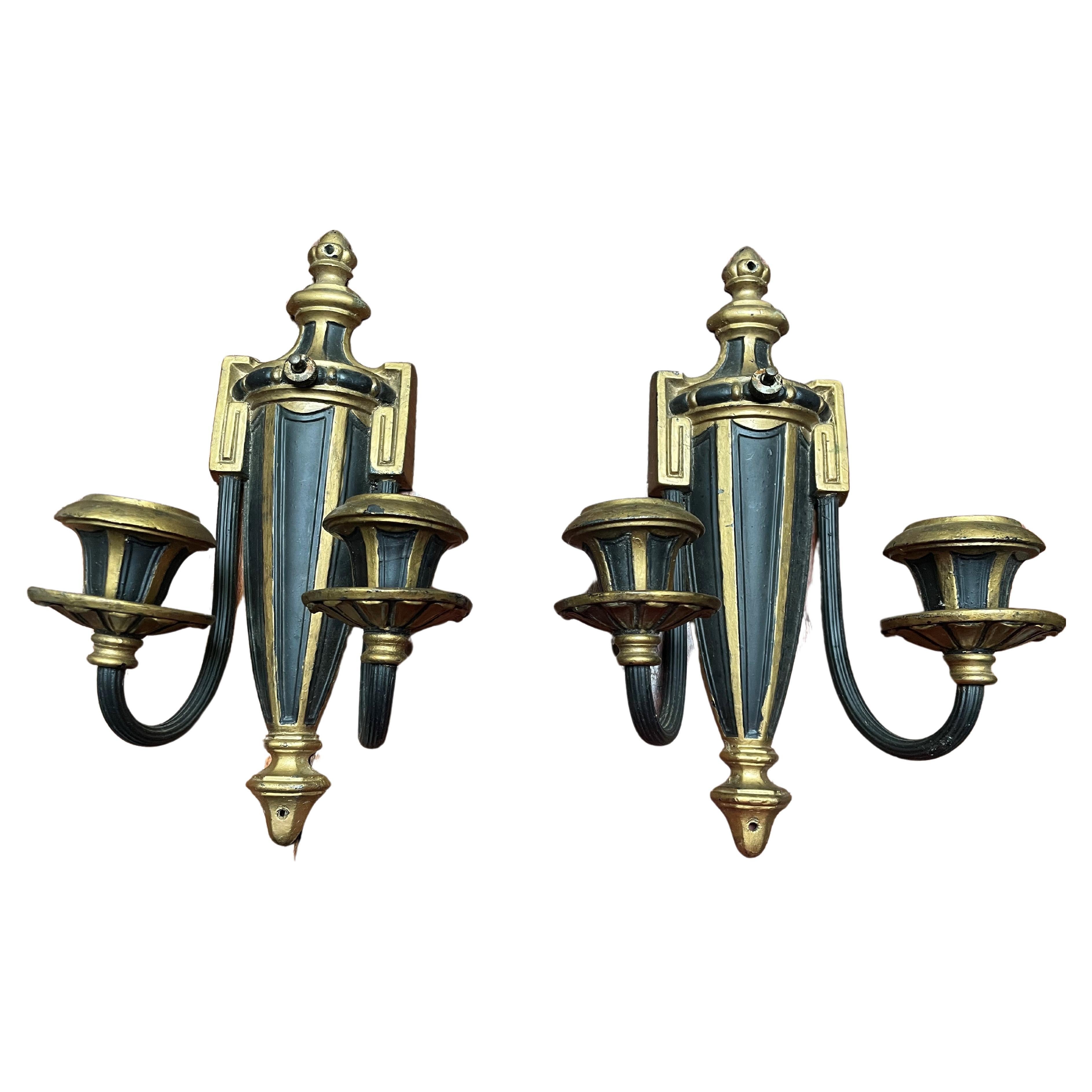 Neoclassical Style Greek Key & Urn Cast Metal Wall Candle Sconces Signed Empire  For Sale