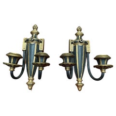 Neoclassical Style Greek Key & Urn Cast Metal Wall Candle Sconces Signed Empire 