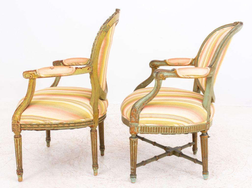Unknown Neoclassical Style Green-Painted Armchairs, 2 For Sale