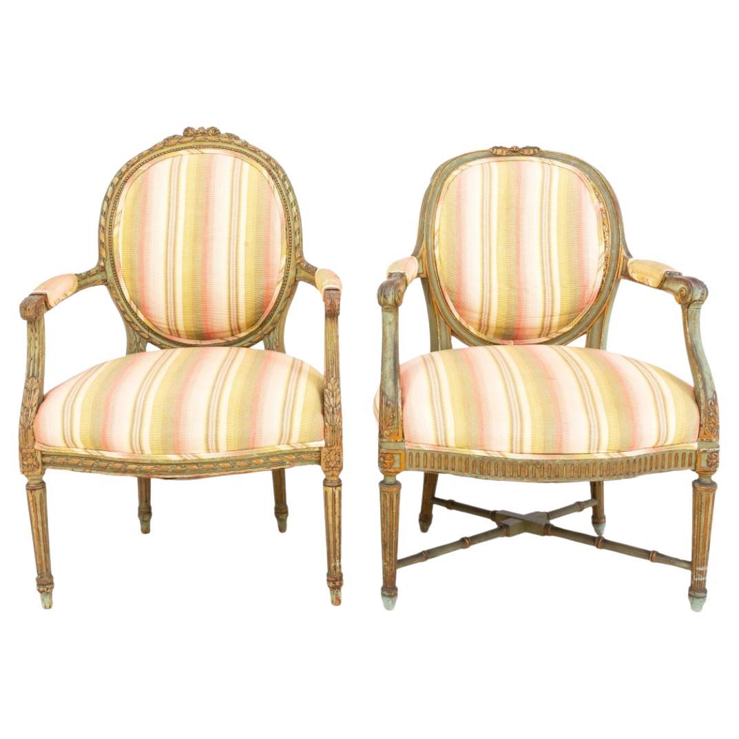 Neoclassical Style Green-Painted Armchairs, 2 For Sale