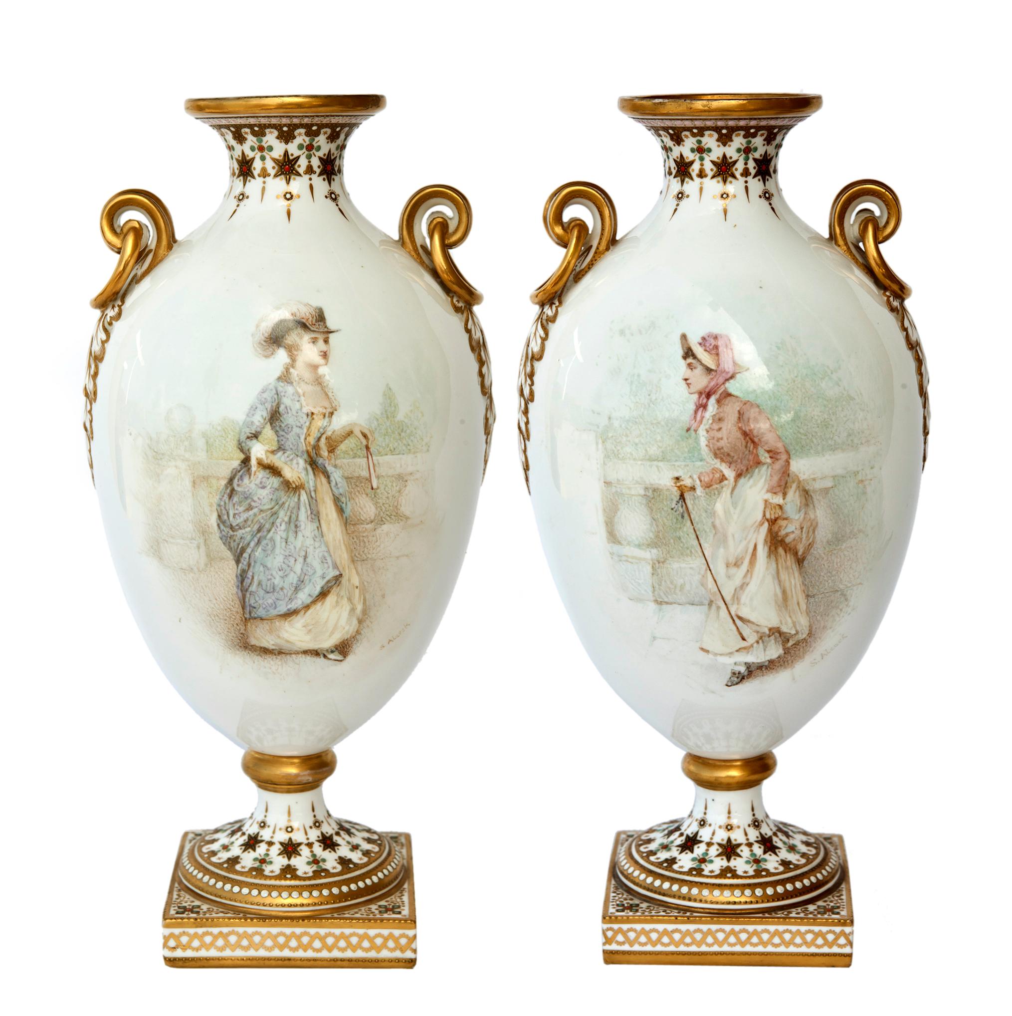 Stunning pair of antique European white porcelain urns with beautifully painted classical motif on one side & a dressed female portrait on the other. 24K gold handles, rims & base. Exquisitely painted/illustrated. No makers mark, may have been