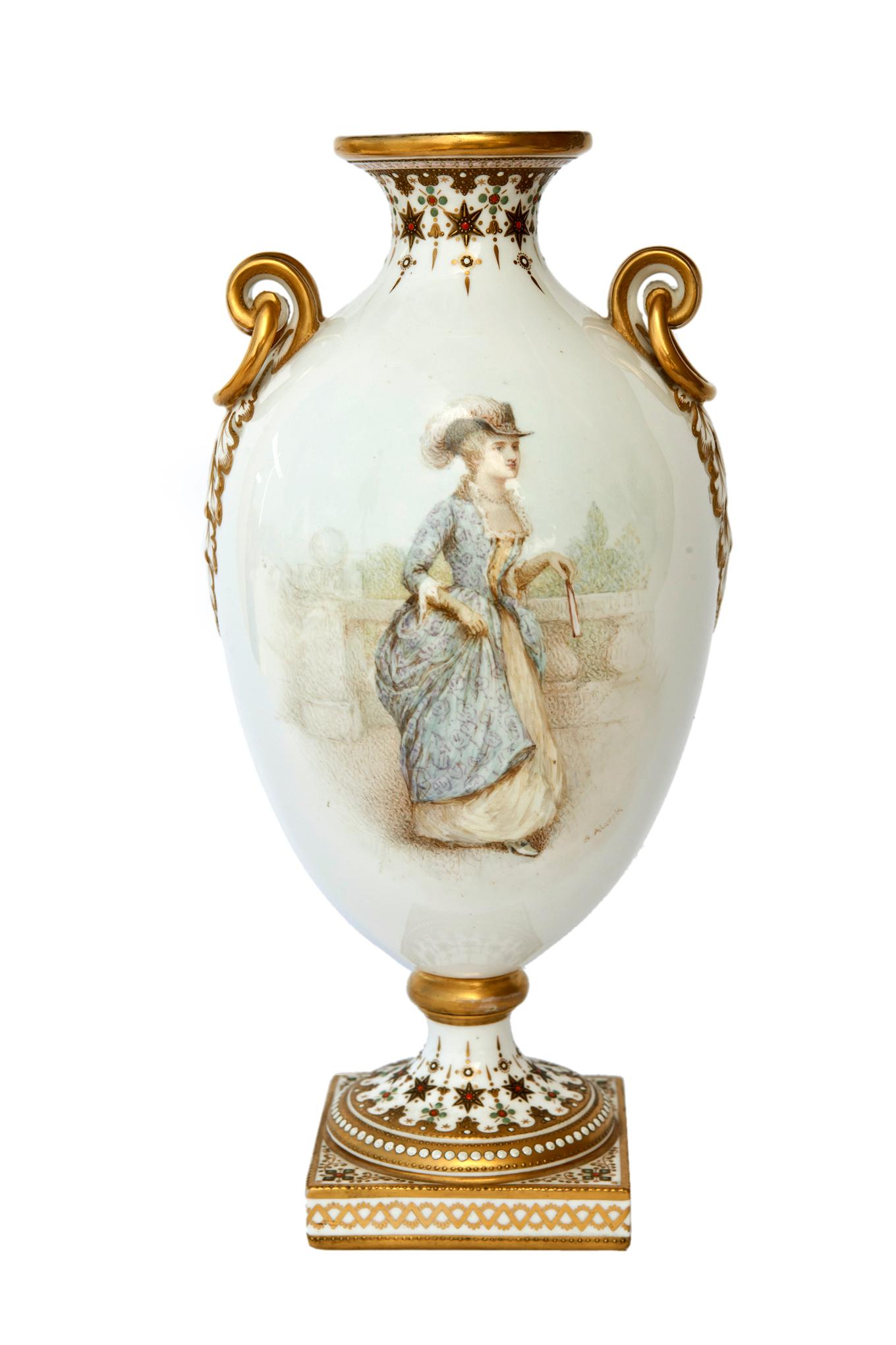 Painted Neoclassical Style Hand painted European Porcelain Urns, a pair