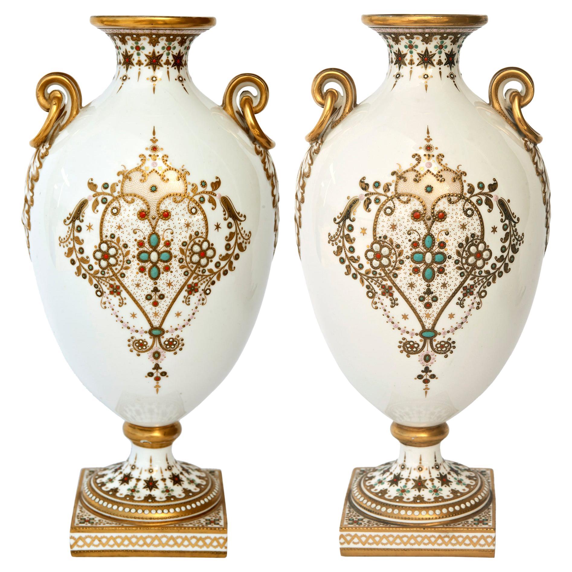 Neoclassical Style Hand painted European Porcelain Urns, a pair