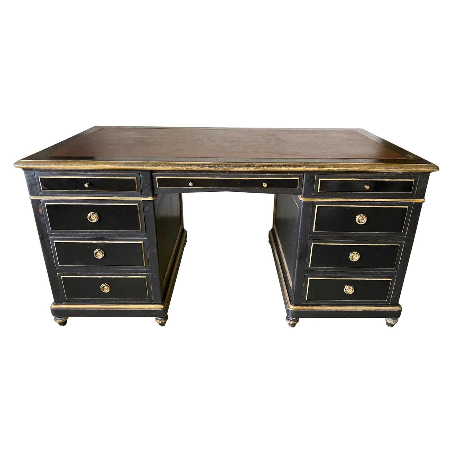 Neoclassical Style Hand Painted Twin Pedestal Partners Desk For Sale