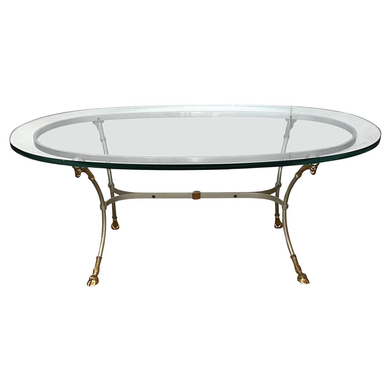 Neoklassischer Stil Hollywood Regency Ovaler Couchtisch aus gebürstetem Stahl und Messing