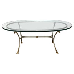 Neoclassical Style Hollywood Regency Brushed Steel & Brass Oval Coffee Table