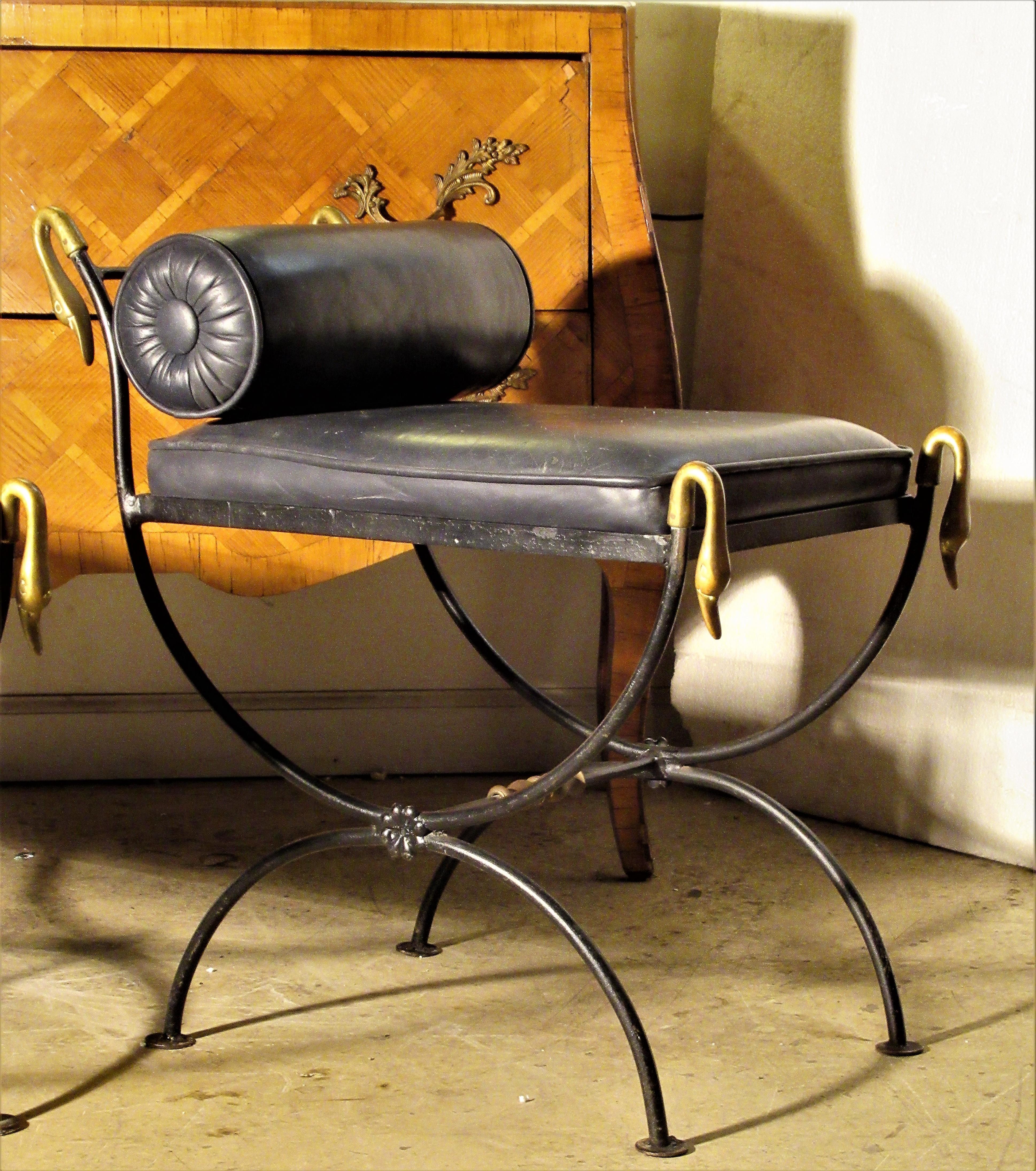 Neoclassical Style Iron and Brass Swan Curule Benches 6