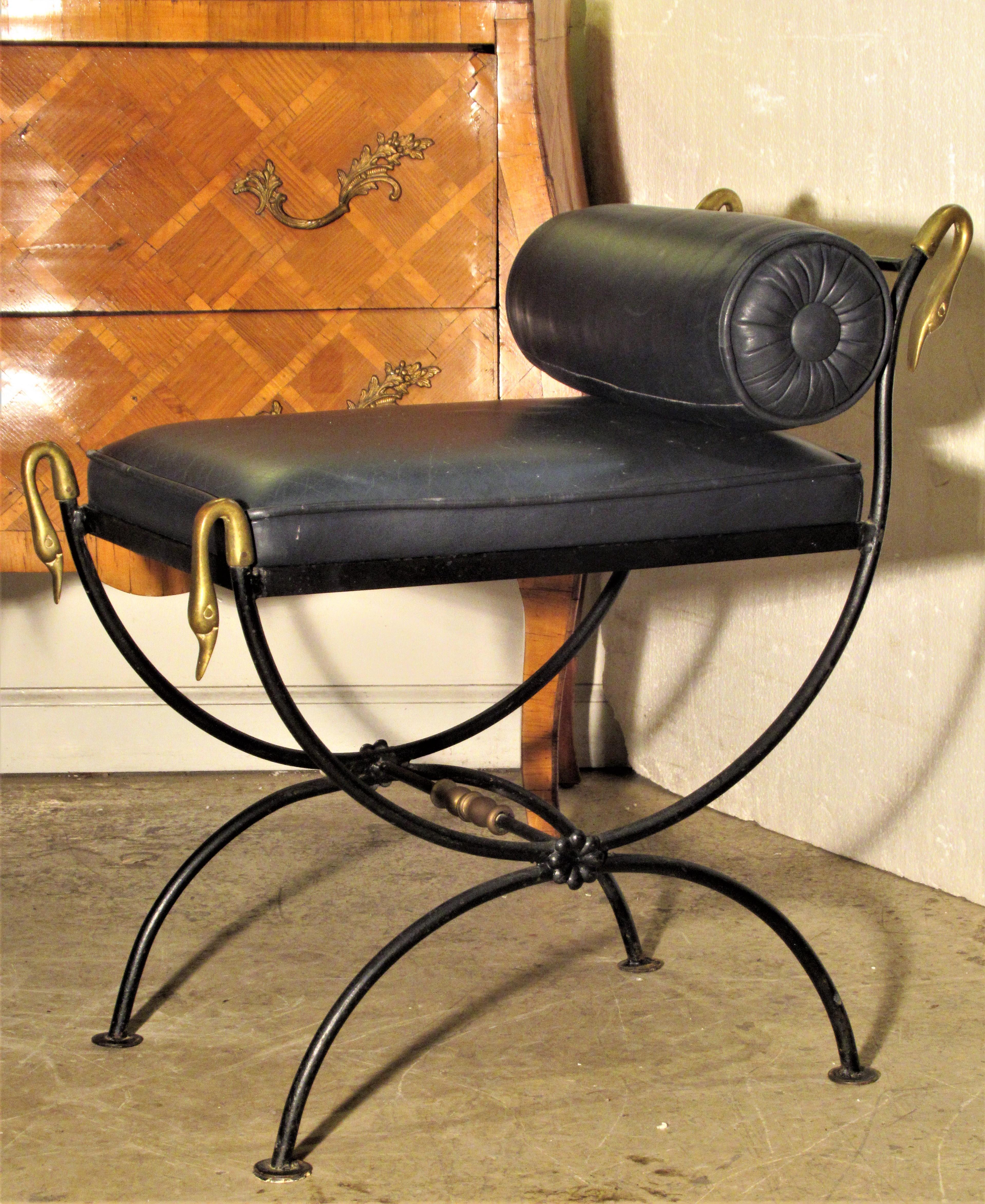 Neoclassical Style Iron and Brass Swan Curule Benches 7