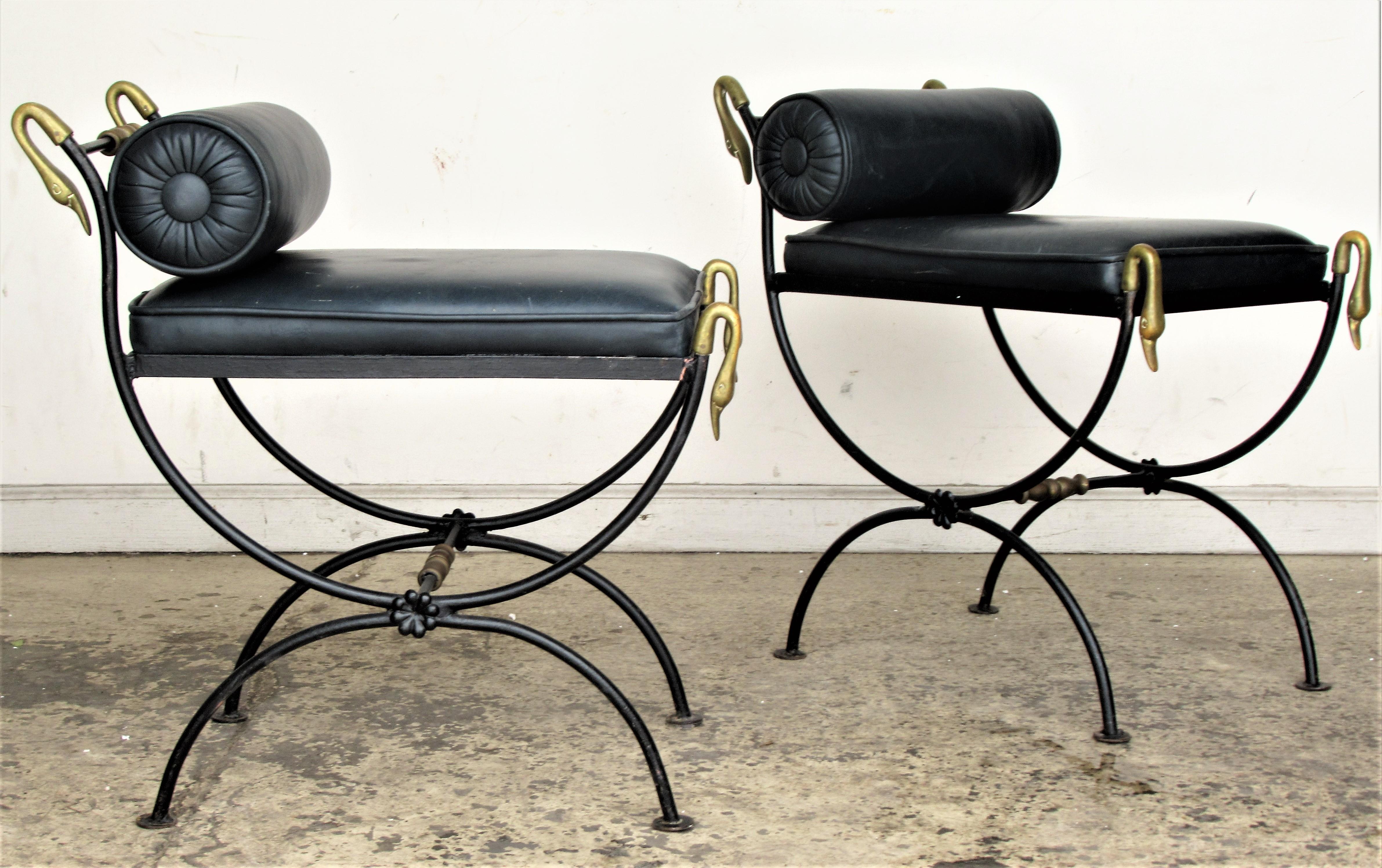 Painted Neoclassical Style Iron and Brass Swan Curule Benches