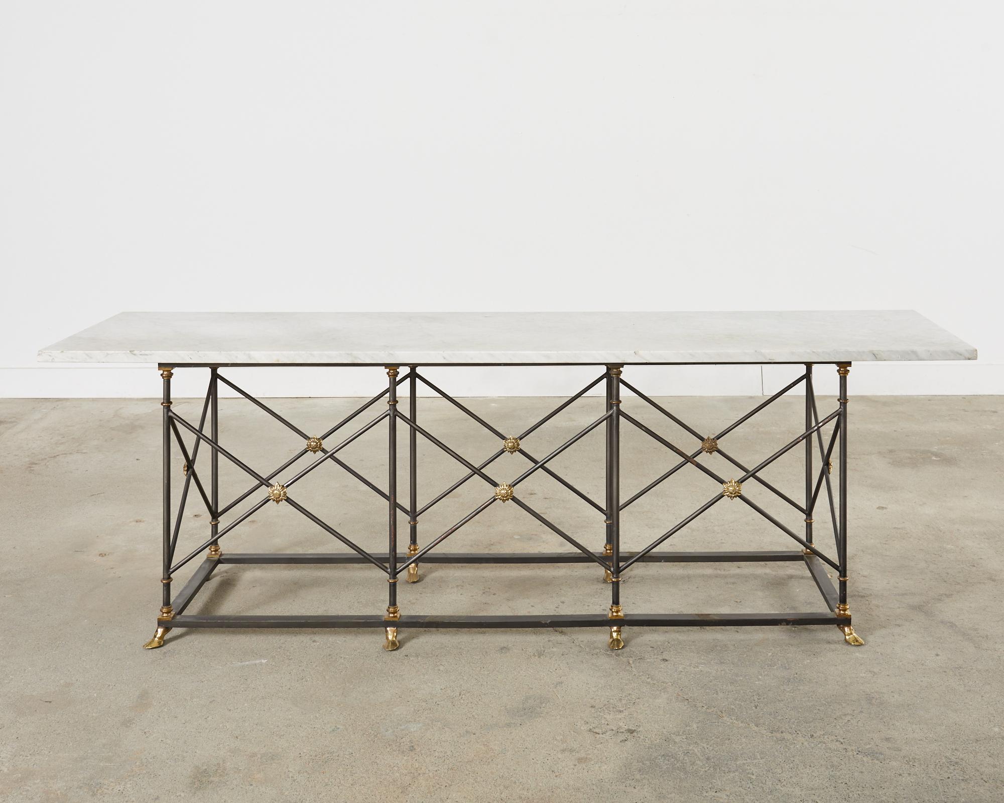 American Neoclassical Style Iron Bronze Carrara Marble Top Console Table 