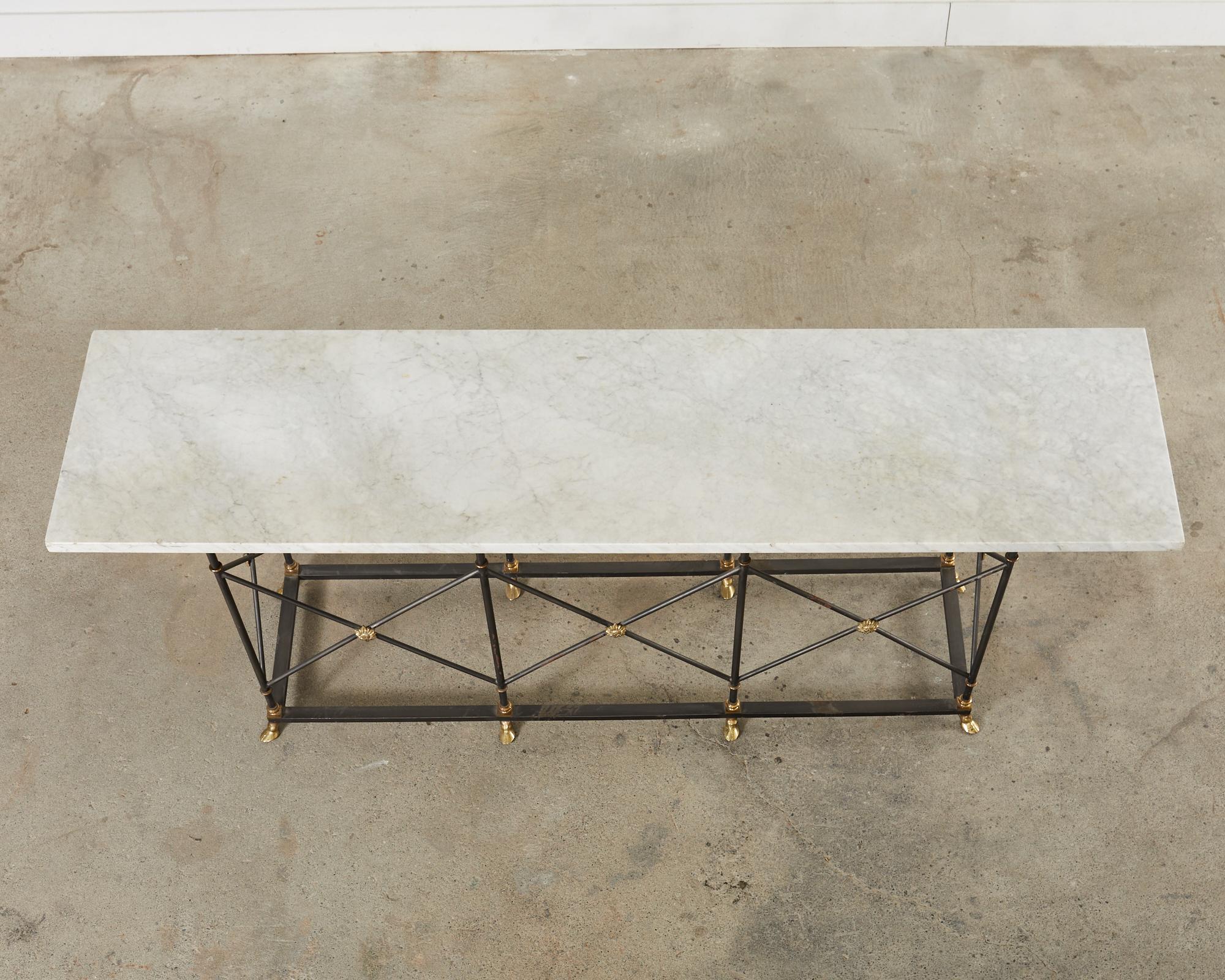 Patinated Neoclassical Style Iron Bronze Carrara Marble Top Console Table 