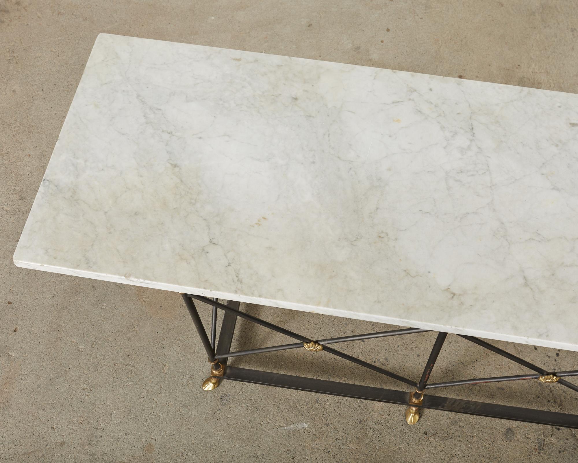 20th Century Neoclassical Style Iron Bronze Carrara Marble Top Console Table 