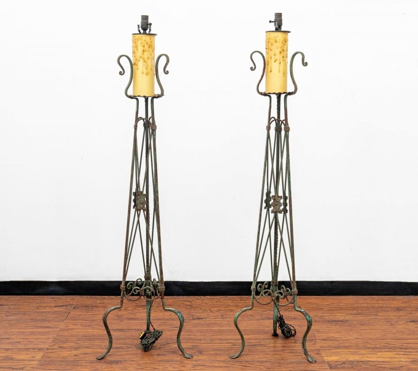Neoclassical Style Iron Faux Candle Torchiere Floor Lamp Pair  For Sale 13