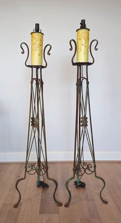 Neoclassical Style Iron Faux Candle Torchiere Floor Lamp Pair