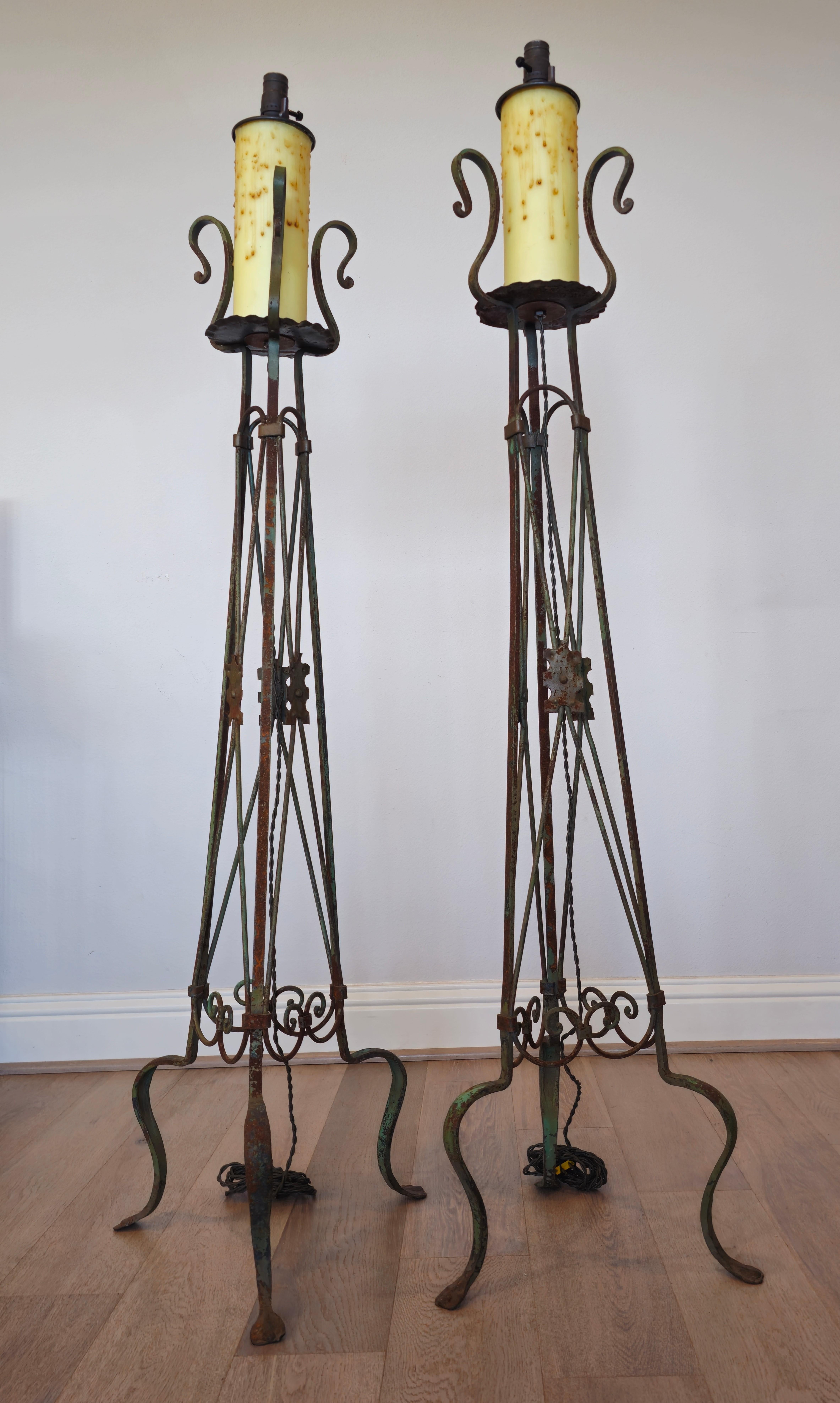 Forged Neoclassical Style Iron Faux Candle Torchiere Floor Lamp Pair  For Sale