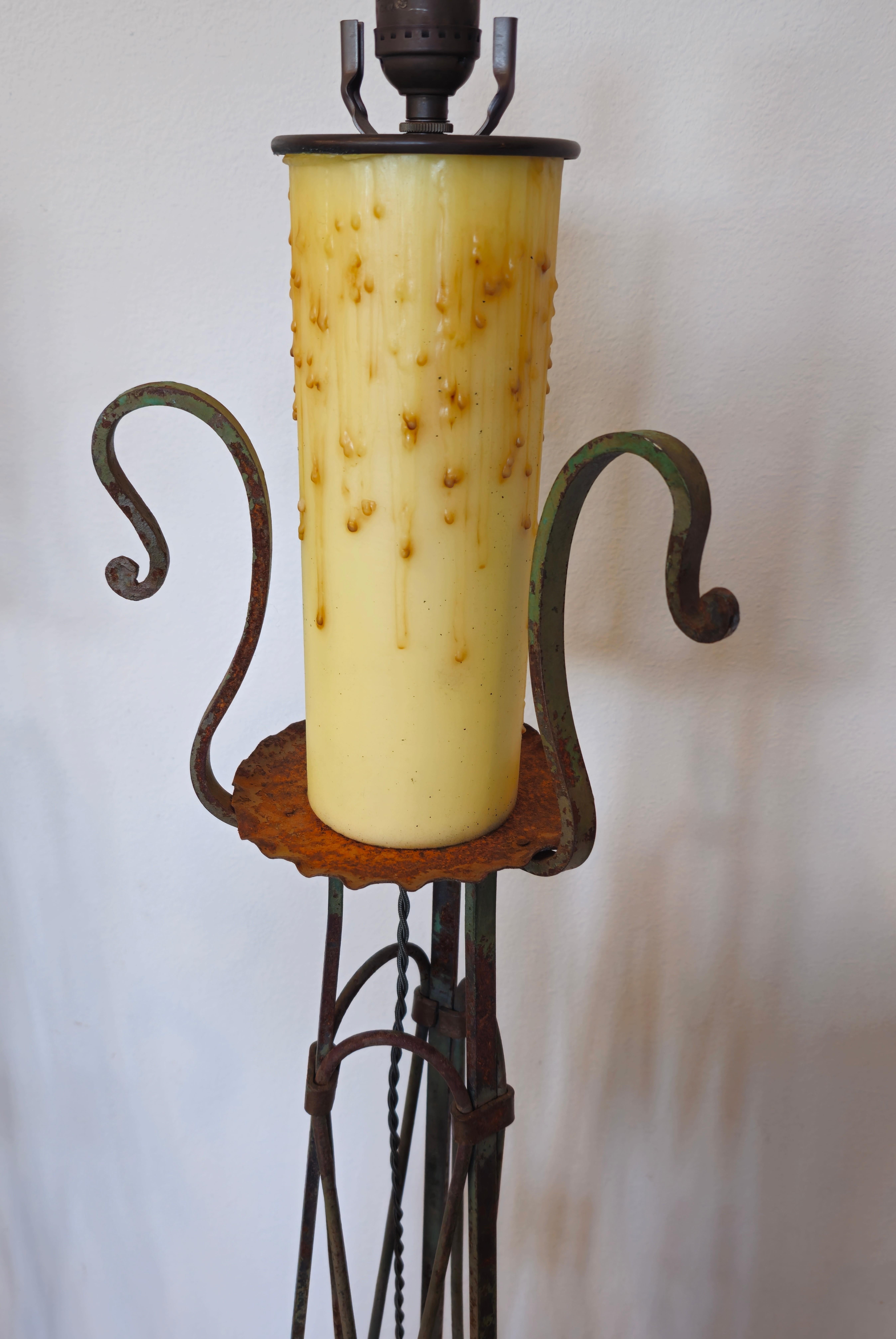 Neoclassical Style Iron Faux Candle Torchiere Floor Lamp Pair  In Good Condition For Sale In Forney, TX