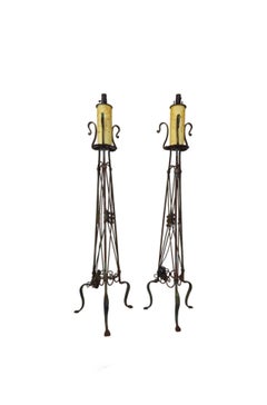 Antique Neoclassical Style Iron Faux Candle Torchiere Floor Lamp Pair 