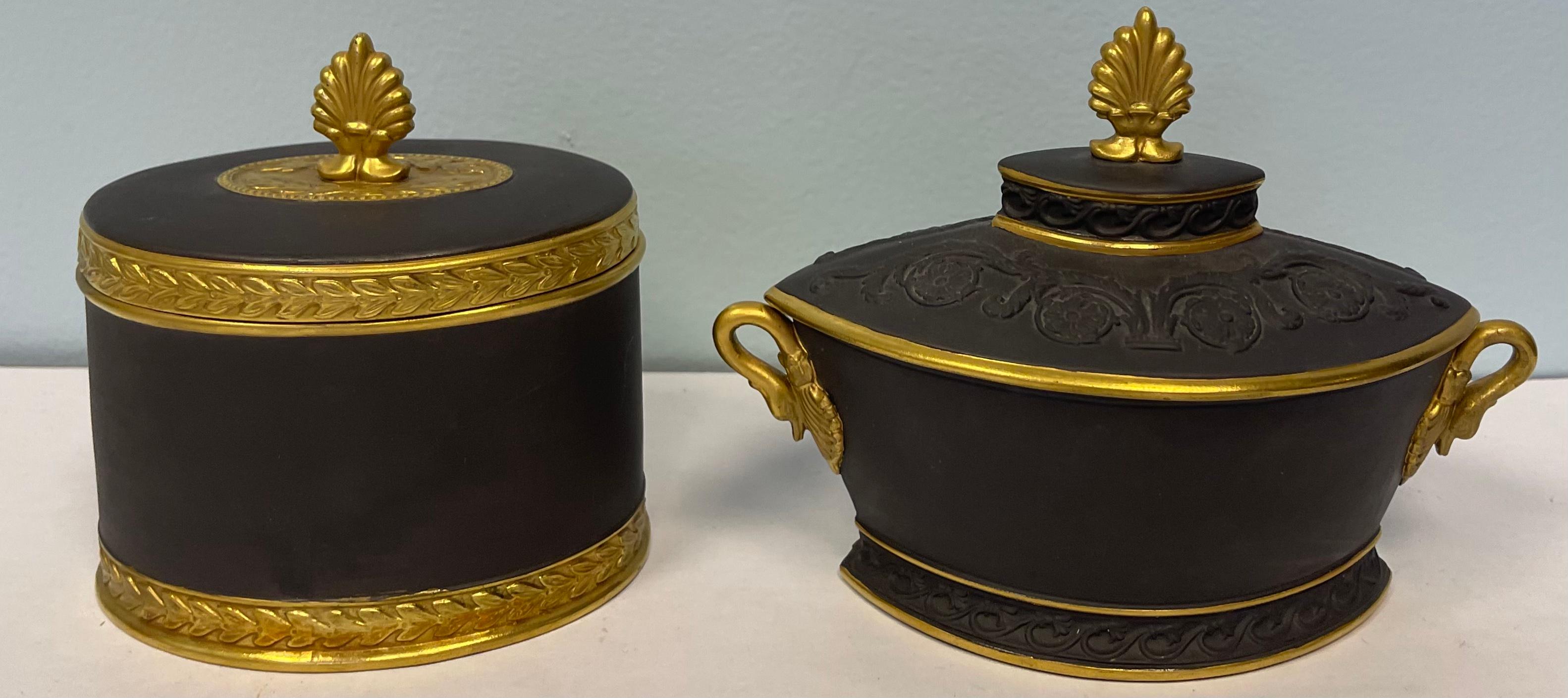 Gold Neoclassical Style Italian Black Basalt Jars by Mottahedeh, Set of 2